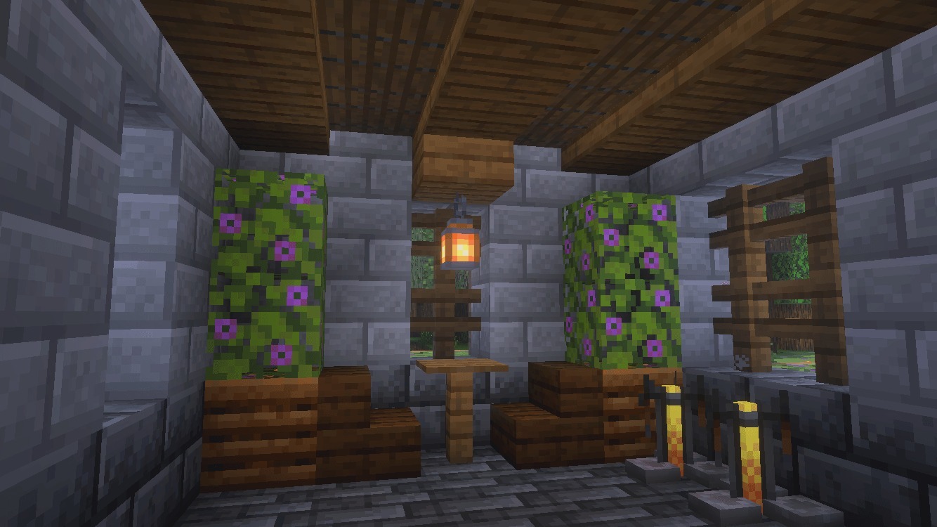 1500 Days Hardcore Survival Ultimate Minecraft World Map Screenshot 4 Interior of a stone brick building with flowering azalea and brewing stands