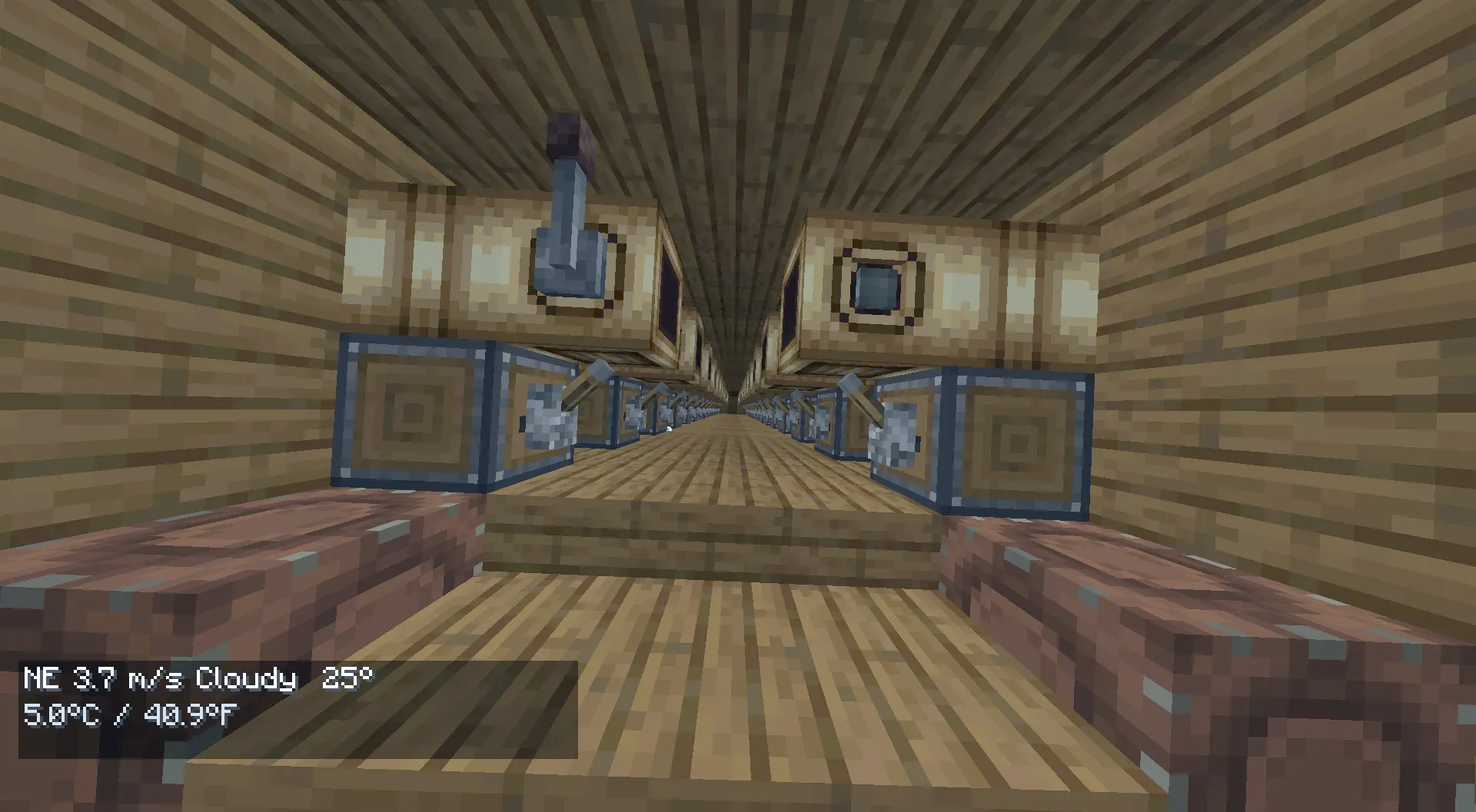 A long wooden corridor inside a ship with levers and mechanical control blocks