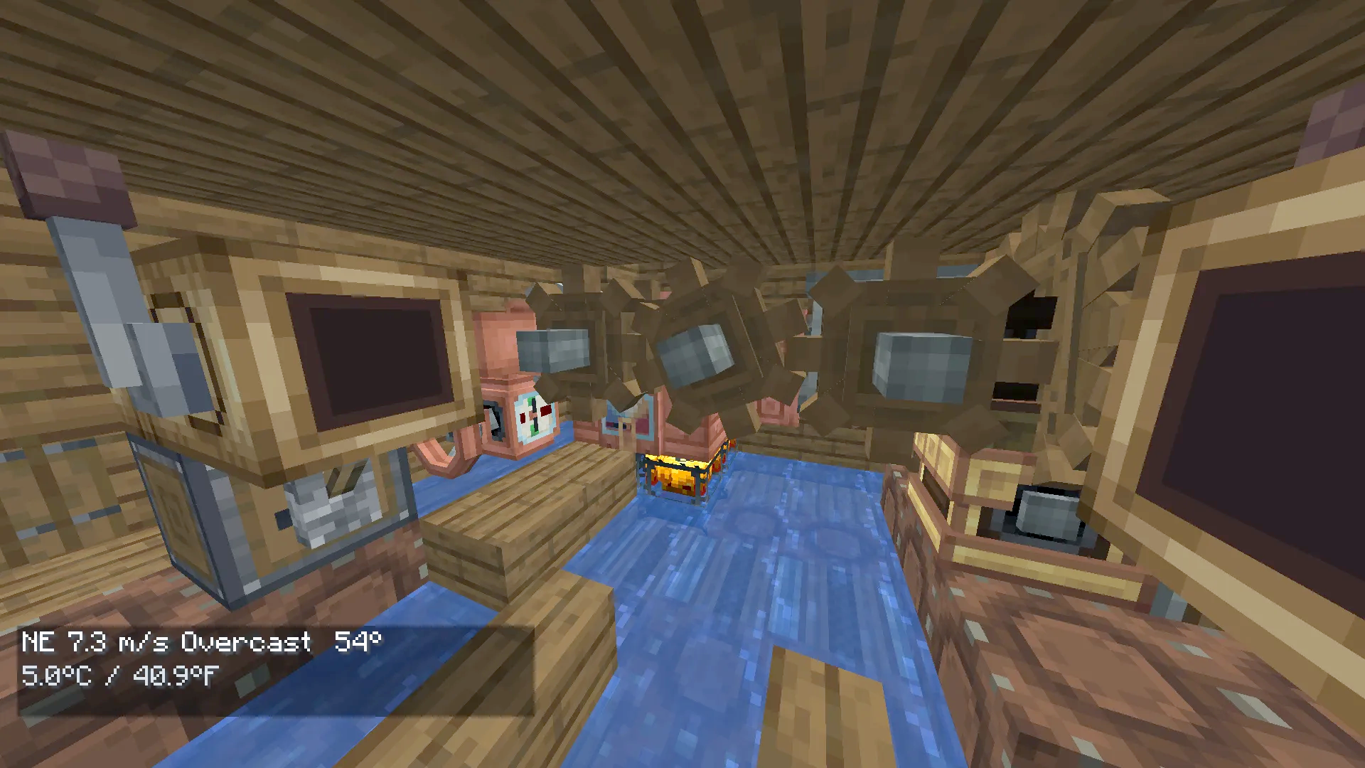 Mechanical gears and levers powering the steam engine inside a wooden ship
