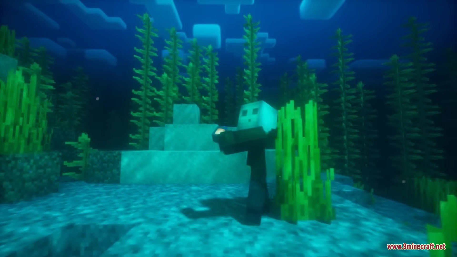 3 D Medieval Iron Bars Resource Pack Screenshot 1 A Drowned mob holding a Nautilus Shell in a deep blue underwater forest