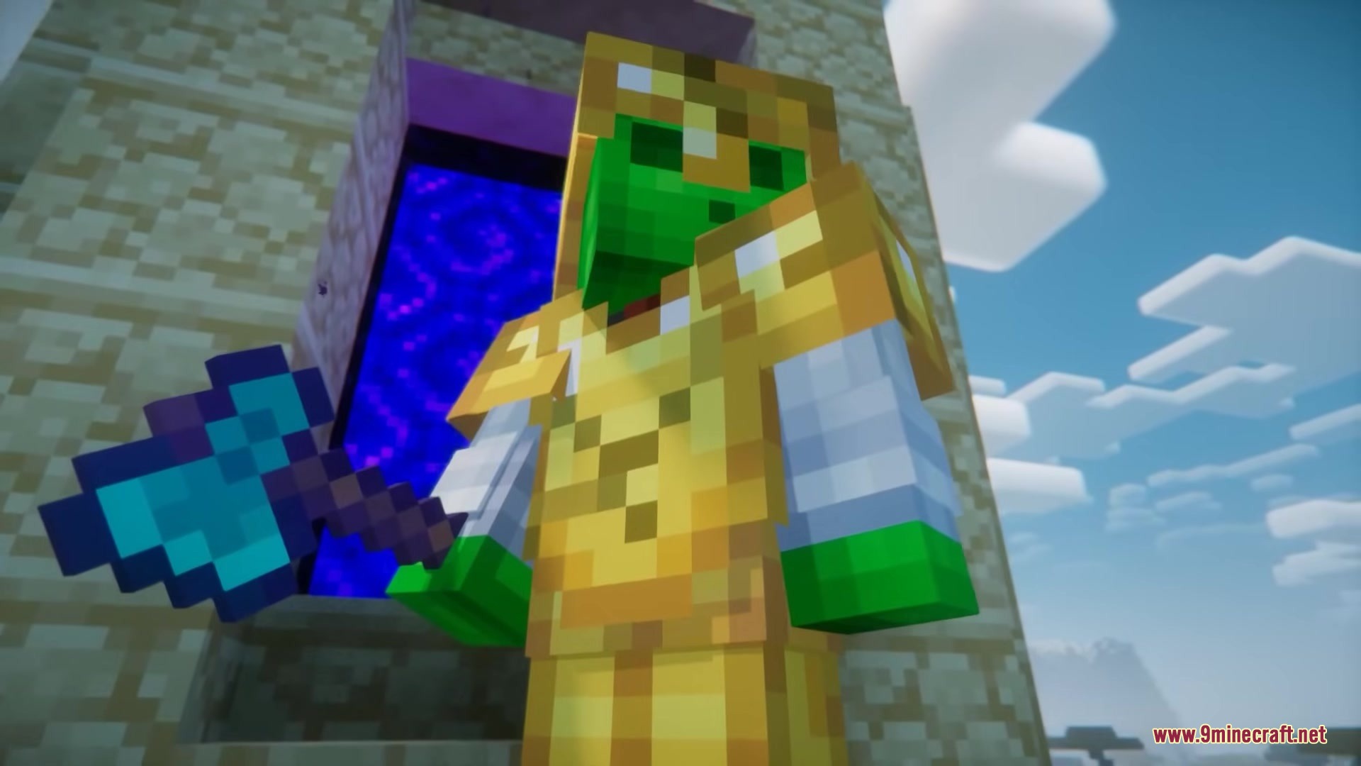 3 D Medieval Iron Bars Resource Pack Screenshot 10 A zombie wearing full gold armor holds a diamond axe near a portal