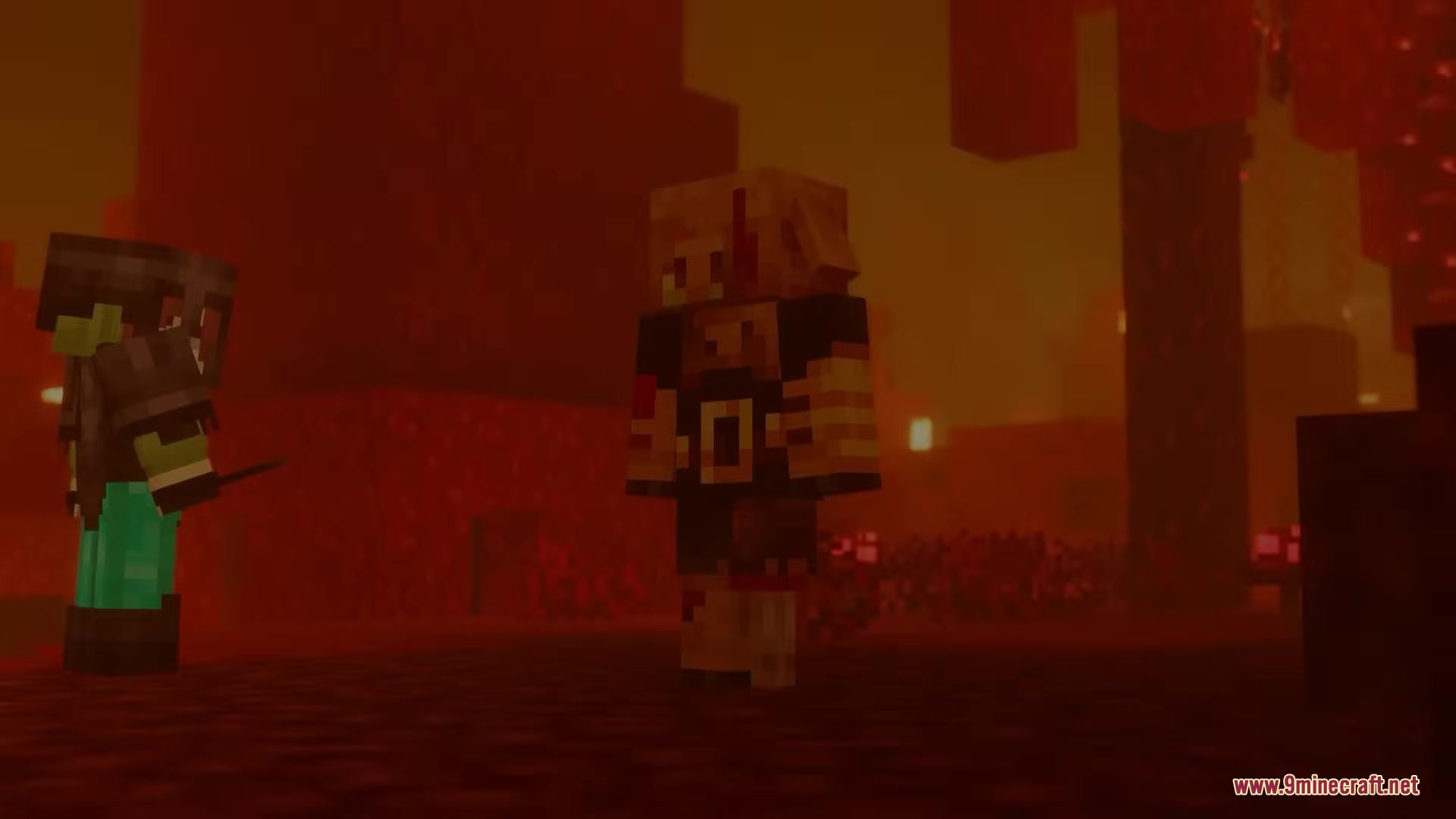 3 D Medieval Iron Bars Resource Pack Screenshot 5 A Minecraft character stands in the Nether while another armored figure watches nearby