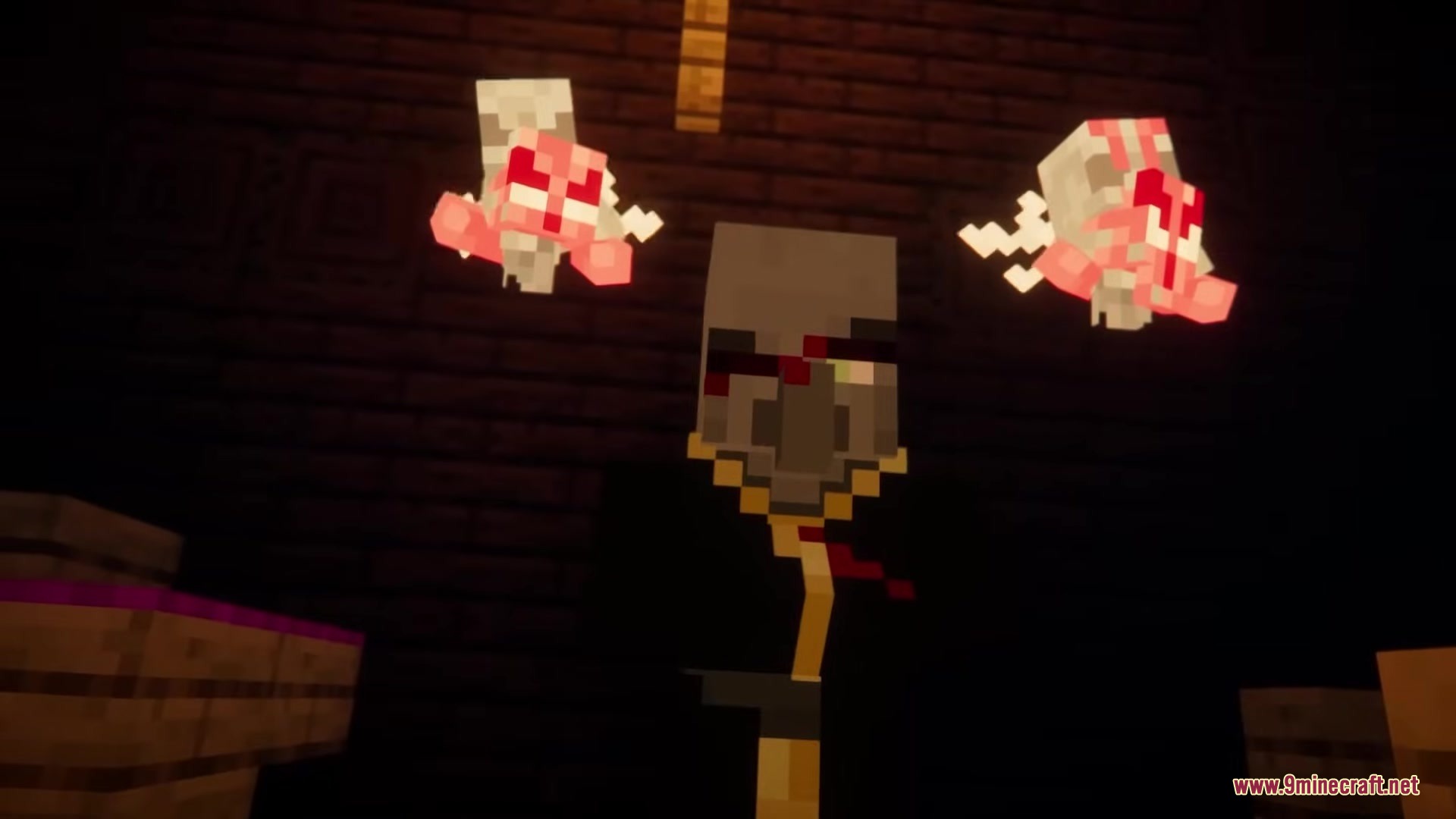 3 D Medieval Iron Bars Resource Pack Screenshot 7 An Evoker holding a staff with two Vexes flying in a dark room