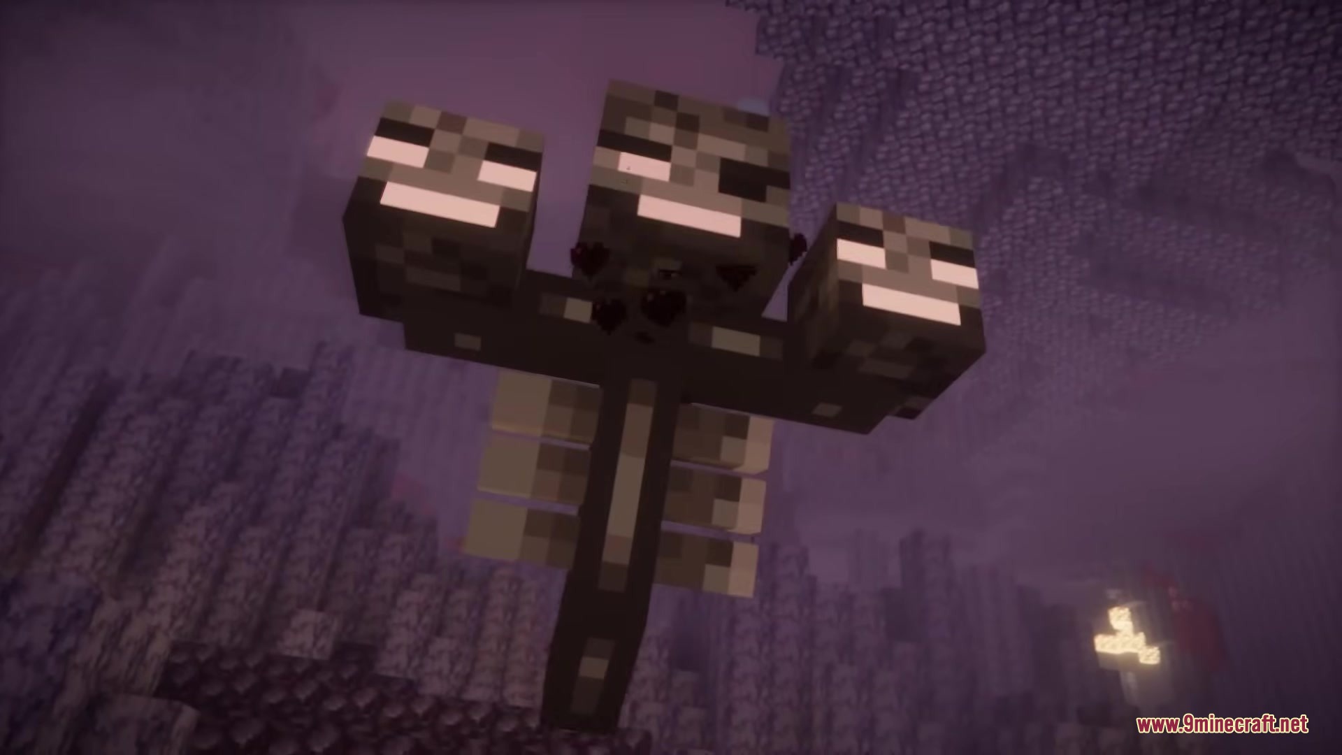 3 D Medieval Iron Bars Resource Pack Screenshot 8 A three headed Wither boss floating in a dark and purple landscape