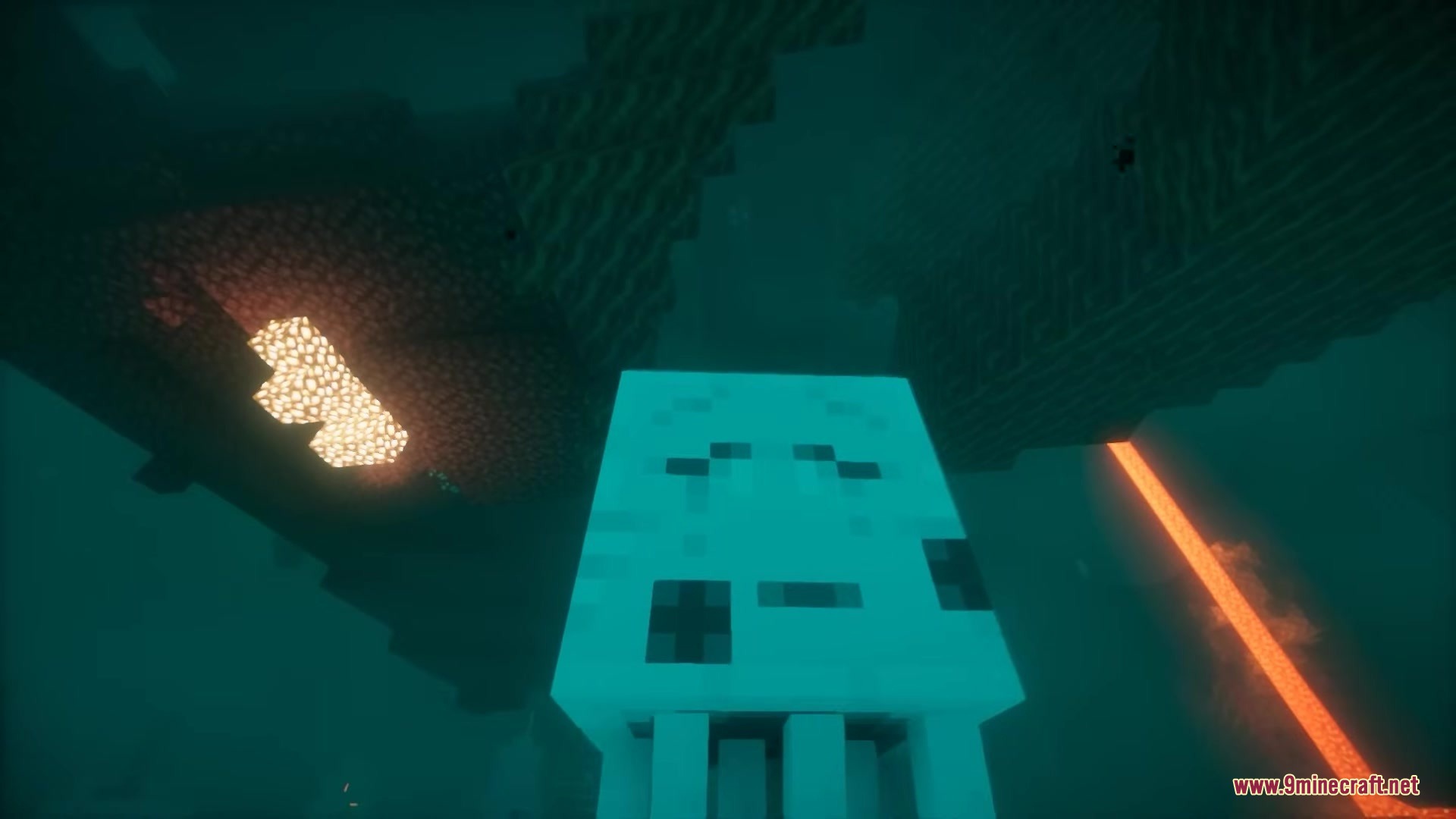 3 D Medieval Iron Bars Resource Pack Screenshot 9 A large white Ghast floats in the dark Nether near glowing lava