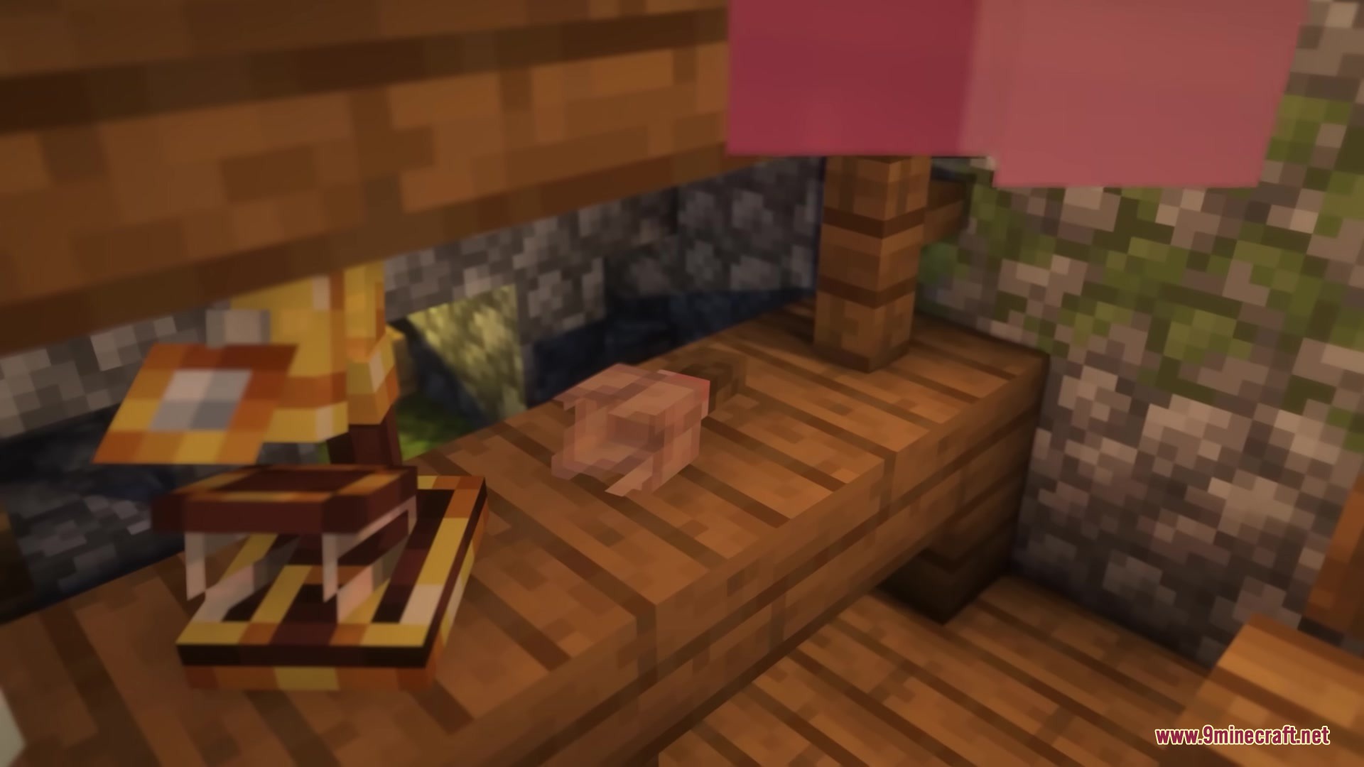 3 D Models Ulti Craft Sandalone Resource Pack Screenshot 1 A raw chicken model resting on a wooden surface inside a building