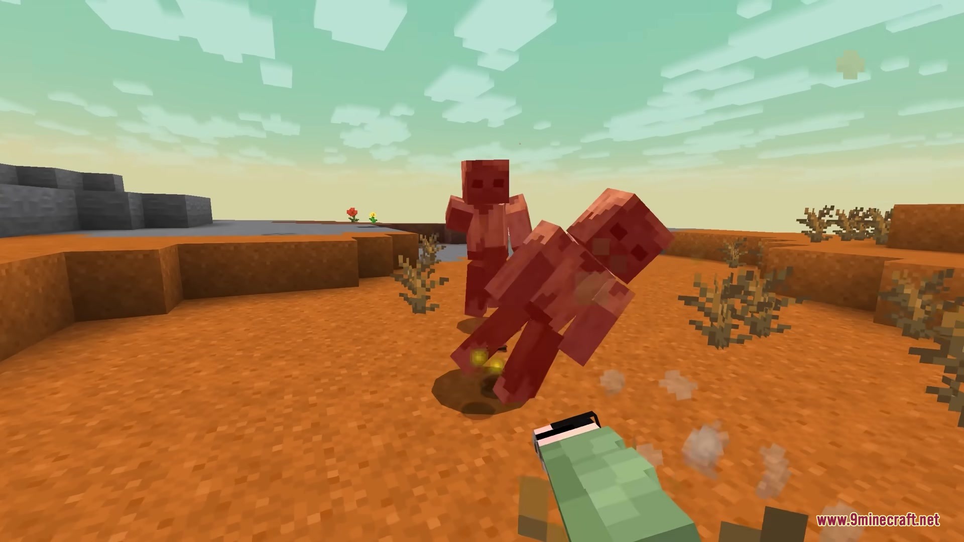 The player uses a 3D spear to attack Husks in the desert
