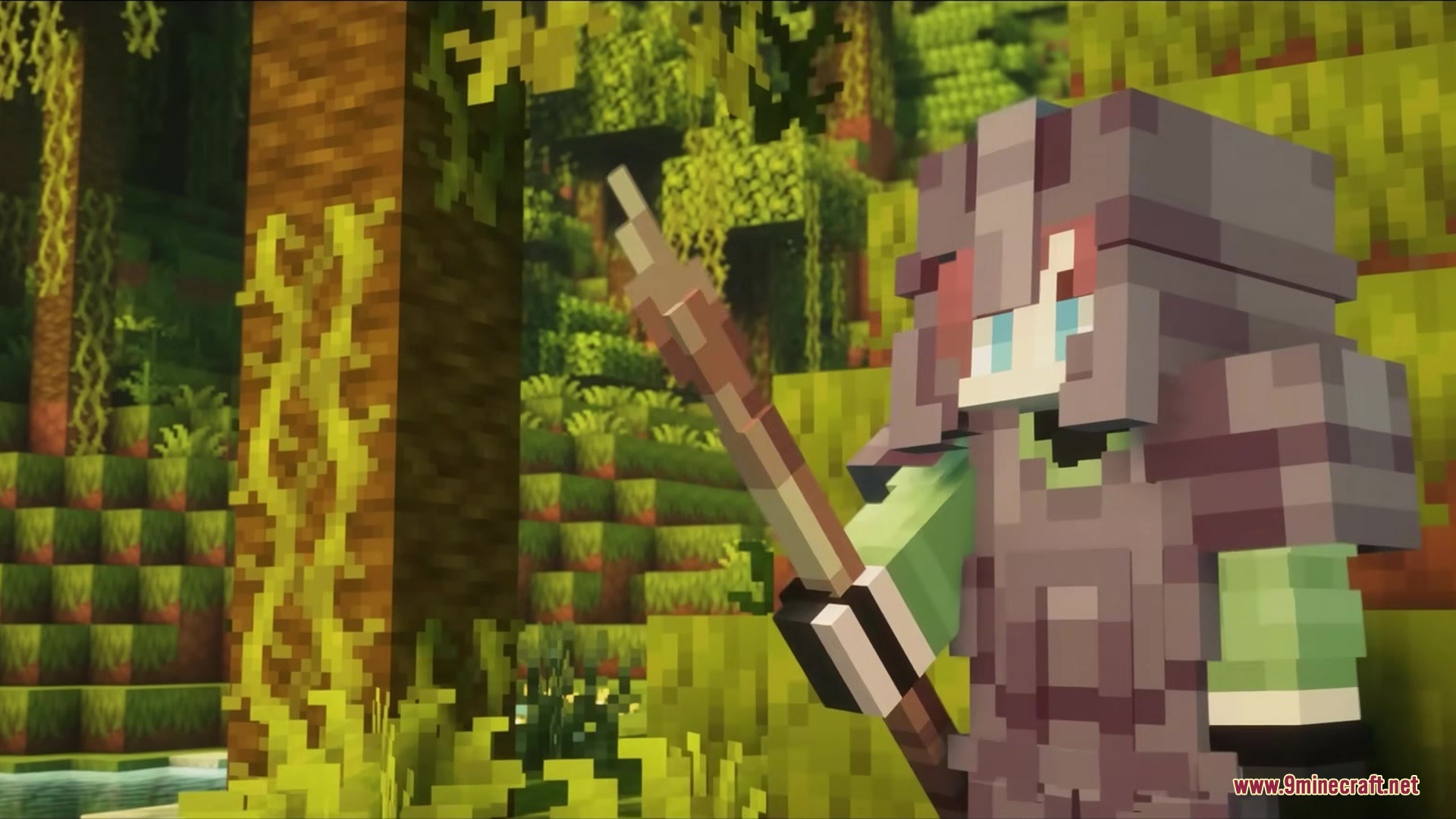 Minecraft character in dark armor holding a custom 3D spear in jungle