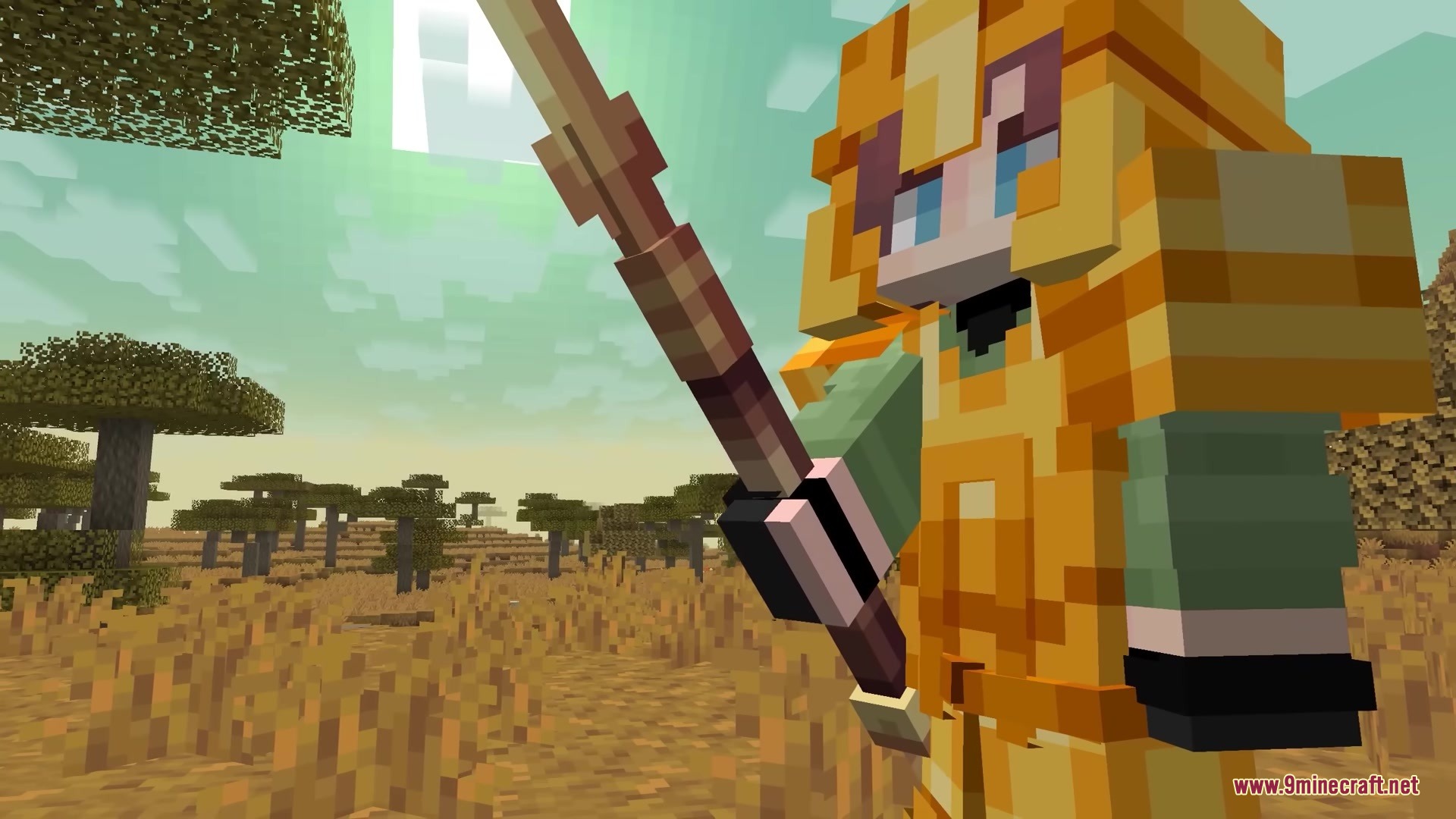 Minecraft character in gold armor holding a custom 3D spear in savanna
