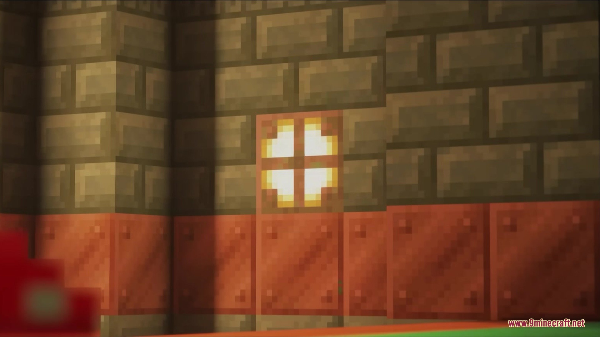 3d Animated Doors Resource Pack Screenshot 1 A 3D copper door with a glowing window set into a stone wall