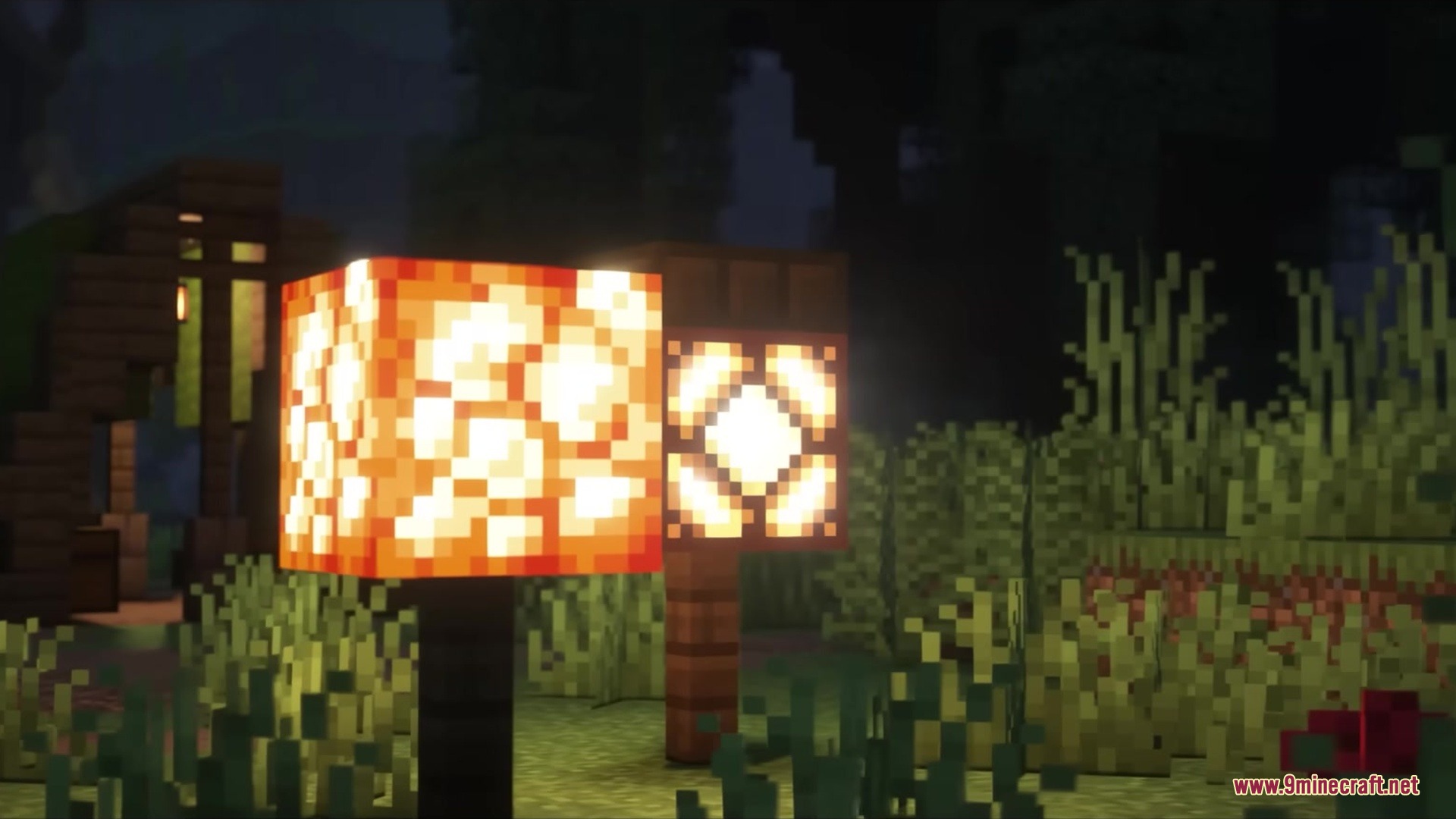 3d Animated Doors Resource Pack Screenshot 2 A glowstone block and a lamp post lighting up a dark forest landscape