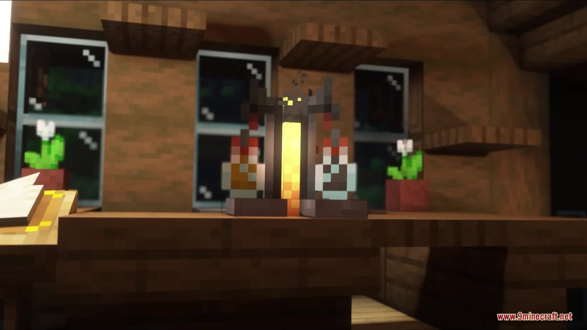 3d Animated Doors Resource Pack Screenshot 3 A brewing stand with potions on a wooden table inside a house