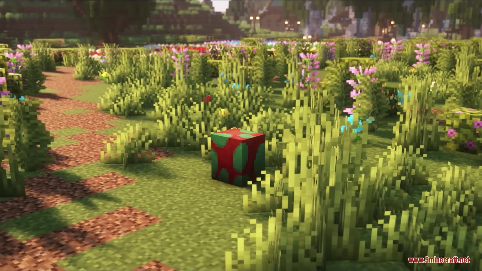 3d Animated Doors Resource Pack Screenshot 4 A sniffer egg sits on a grassy path surrounded by colorful flowers