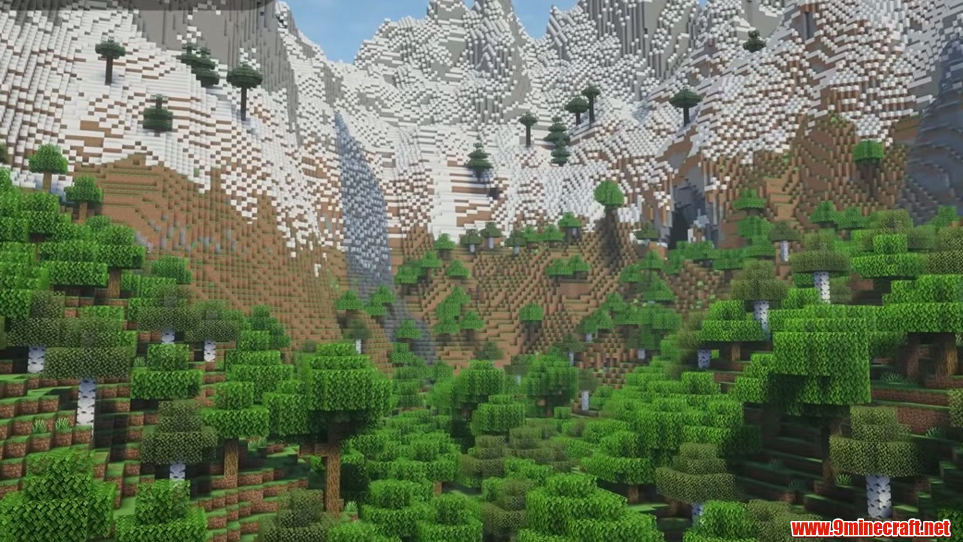 Large valley surrounded by a mountain range in Minecraft seed 4238478963916302897