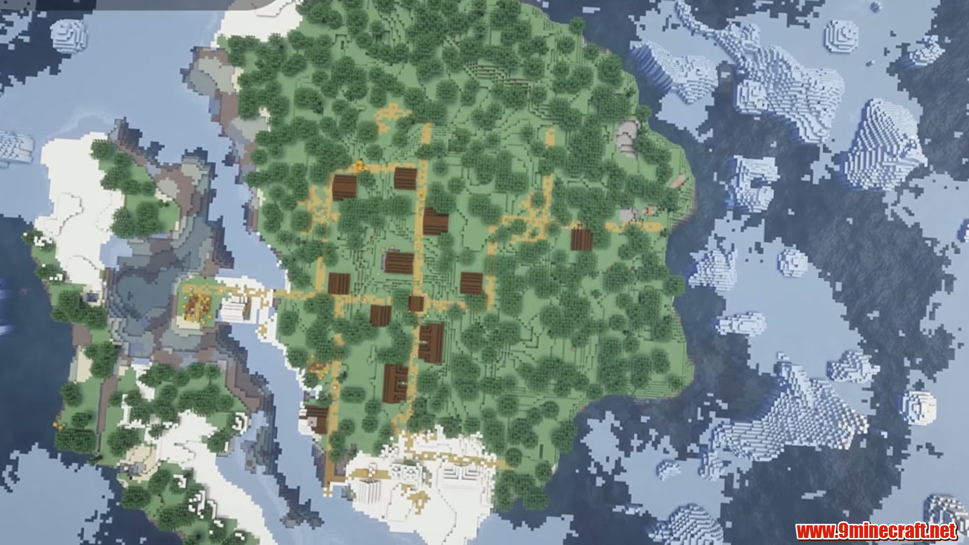 Taiga village island surrounded by an frozen ocean in Minecraft seed 172262685746971157