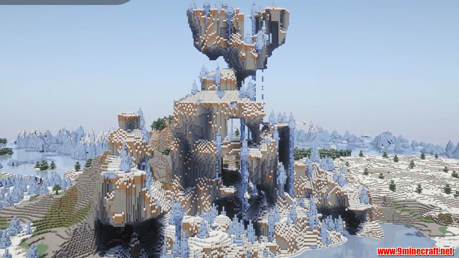 150 block tall ice mountain, with a massive icicle from the top to the bottom in Minecraft seed 8144877040668690370