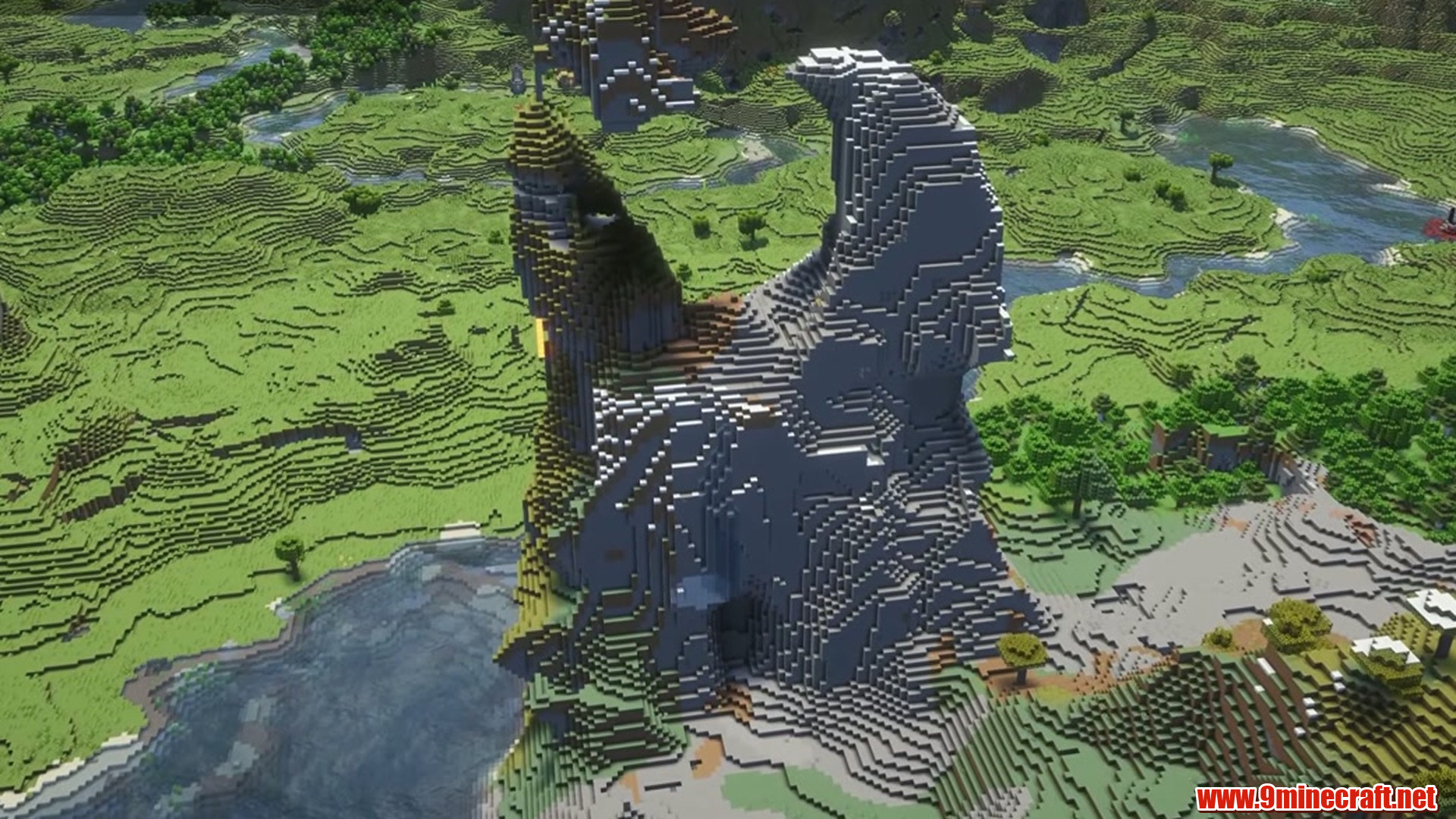 4 villages centered around a small mountain in Minecraft seed 2851904464505950420
