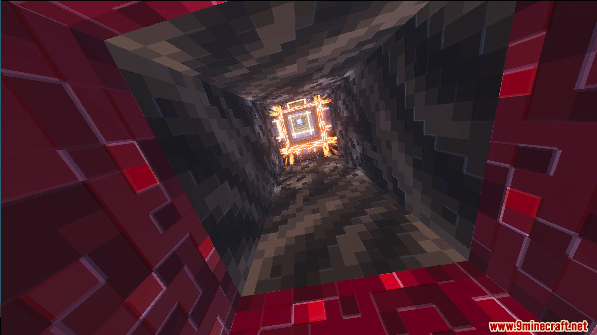A 100 Layer Survival Map Screenshot 4 Tilted view of a long square tunnel through dark stone and nether layers