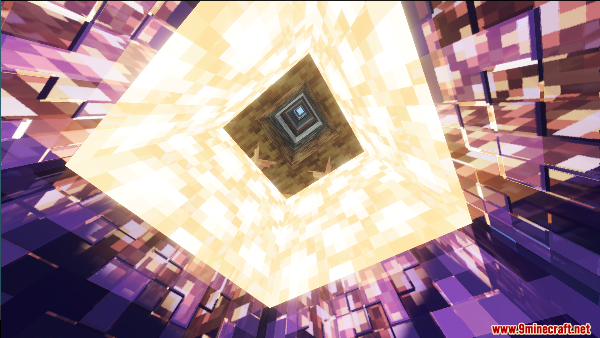 A 100 Layer Survival Map Screenshot 5 Looking through a deep vertical shaft made of glowing and purple block layers