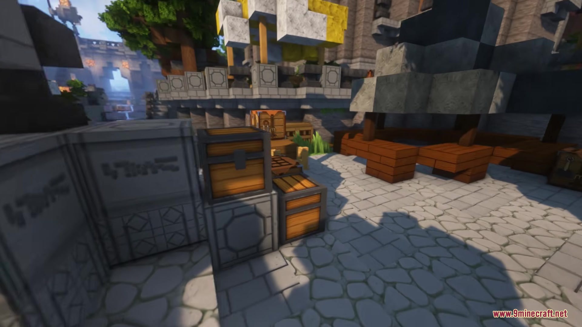 A BTV Texture Pack 64px Full 3 D POM Resource Pack Screenshot 6 Wooden chests and stone blocks placed on a cobblestone path in Minecraft