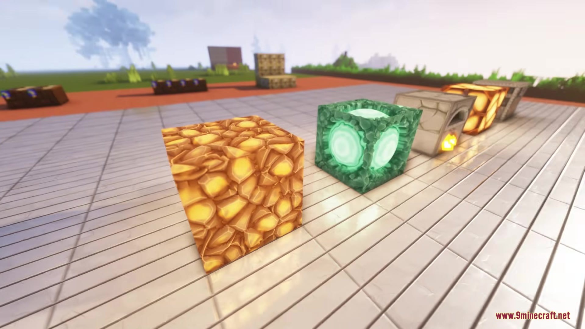 A BTV Texture Pack 64px Full 3 D POM Resource Pack Screenshot 8 Various high resolution 3D blocks displayed on a flat surface with shaders
