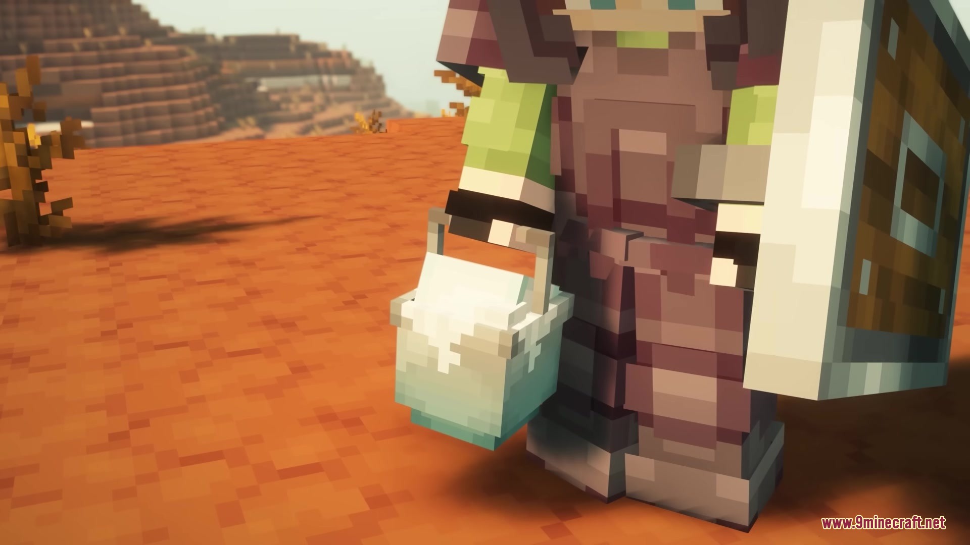 AL's Ghasts Revamped X Fresh Animations Resource Pack Screenshot 1 A Minecraft character holding a milk bucket and shield in a badlands biome