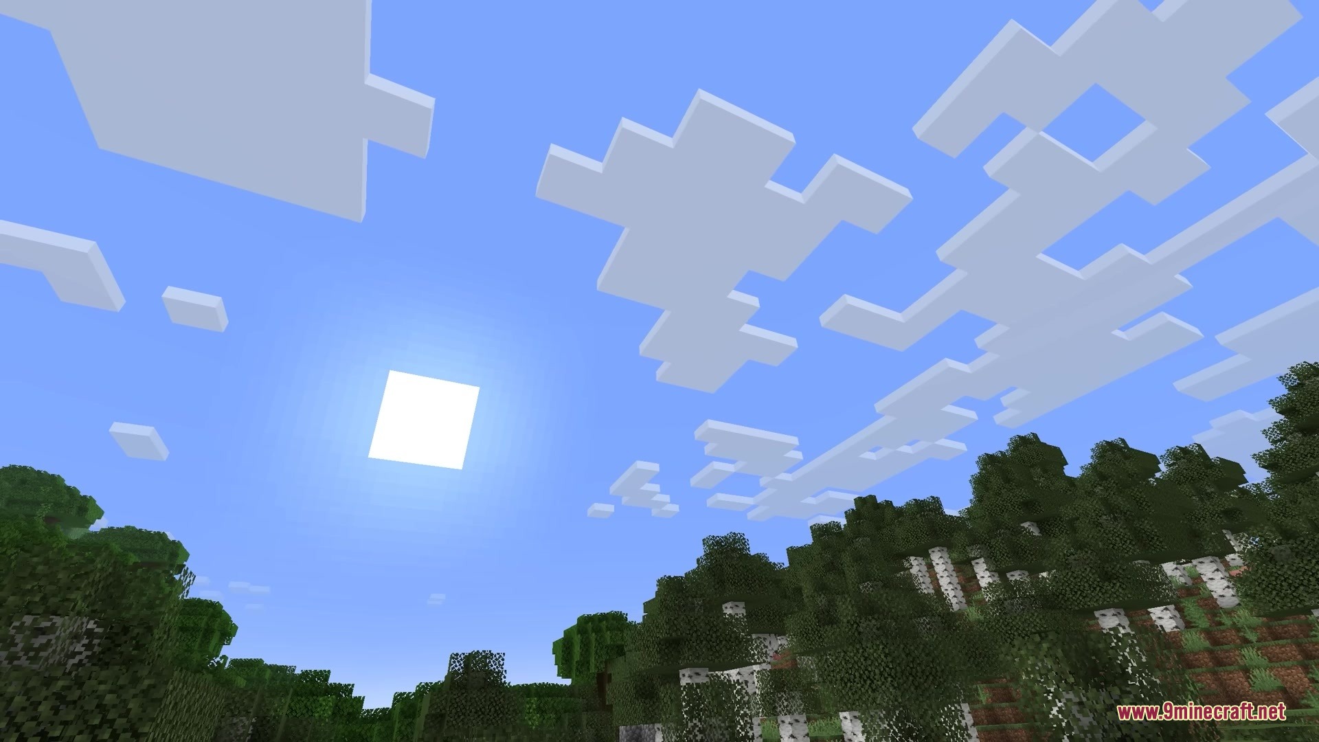 AL's Ghasts Revamped X Fresh Animations Resource Pack Screenshot 3 A bright square sun shines in the blue sky above a dense forest