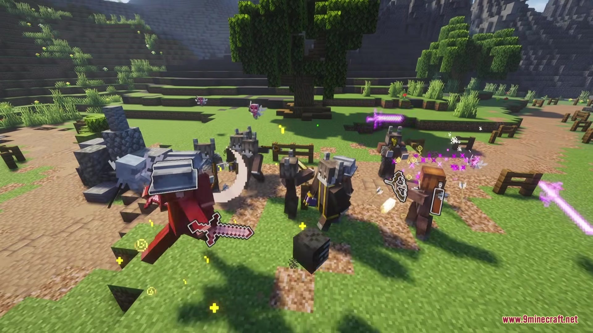 Acolyte Iron's Spells 'n Spellbooks Addon Mod Screenshot 2 Human warriors fight a red demon using magical purple swords and spells