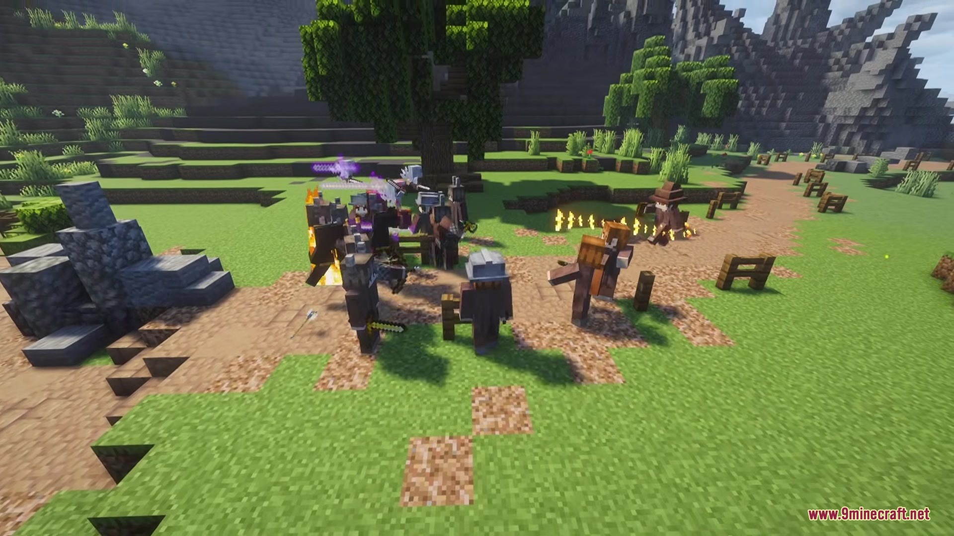 Acolyte Mod Screenshot 1 Human allies and mages battle demons near a tree and stone ruins