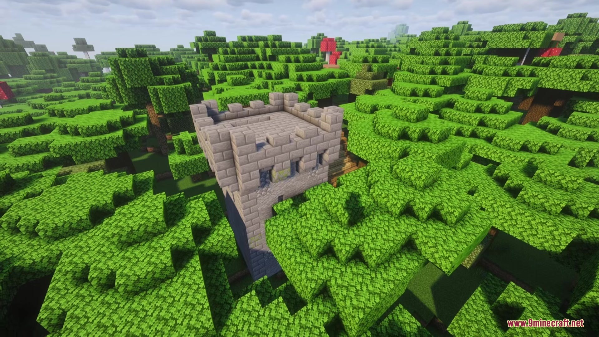 Acolyte Mod Screenshot 5 A stone watchtower structure stands tall in the middle of a dense forest