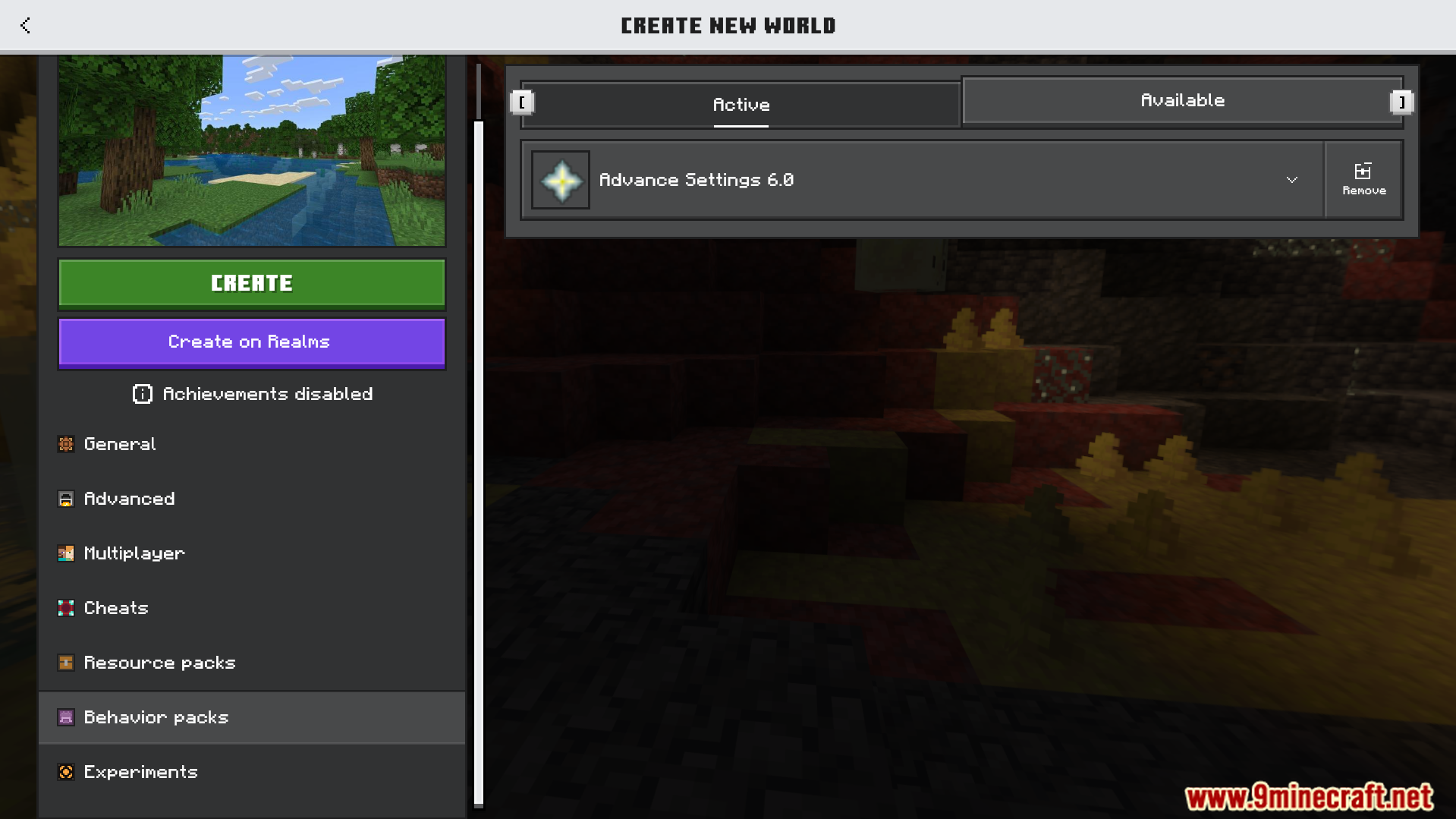 Advance Settings Addon Screenshot 1 Activating the Advance Settings behavior pack in the Minecraft world creation menu screen