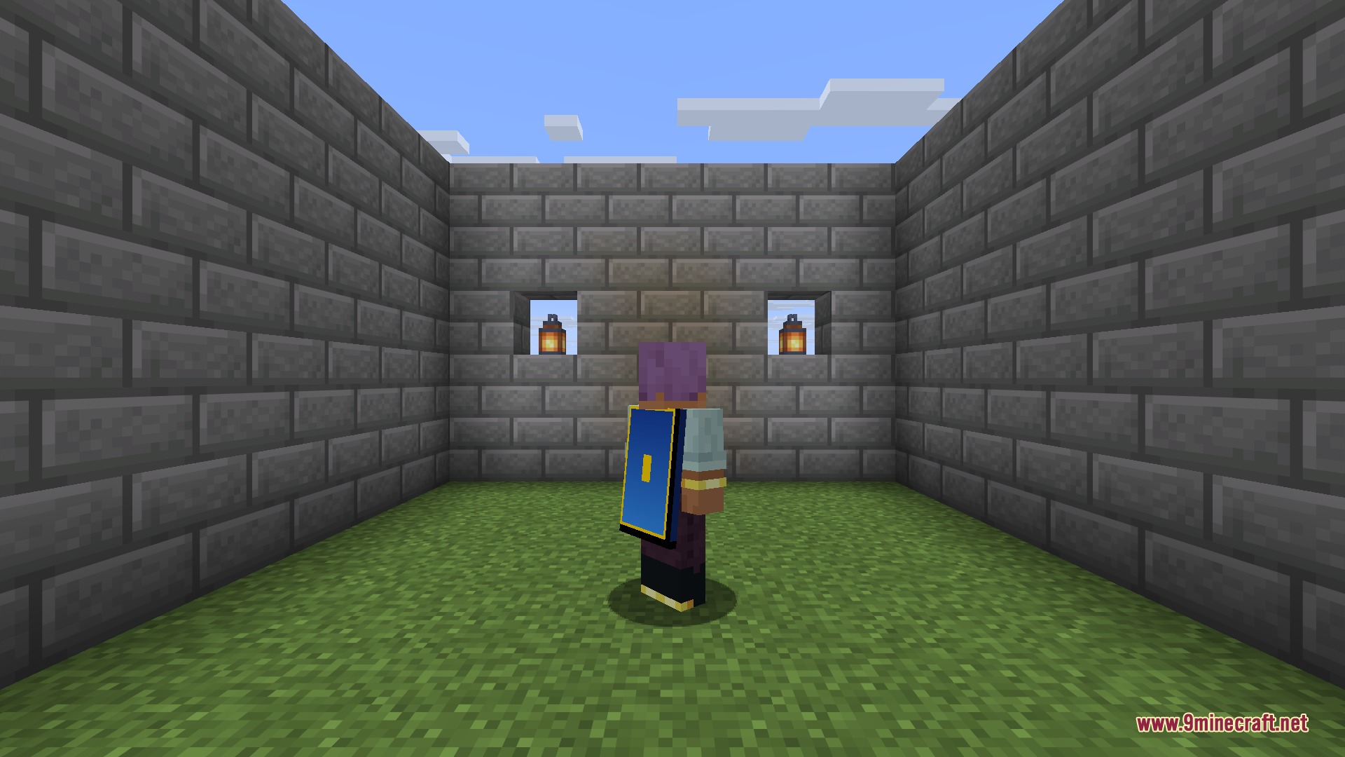 A player wearing a custom blue-and-gold cape created from an image, shown in third-person view.
