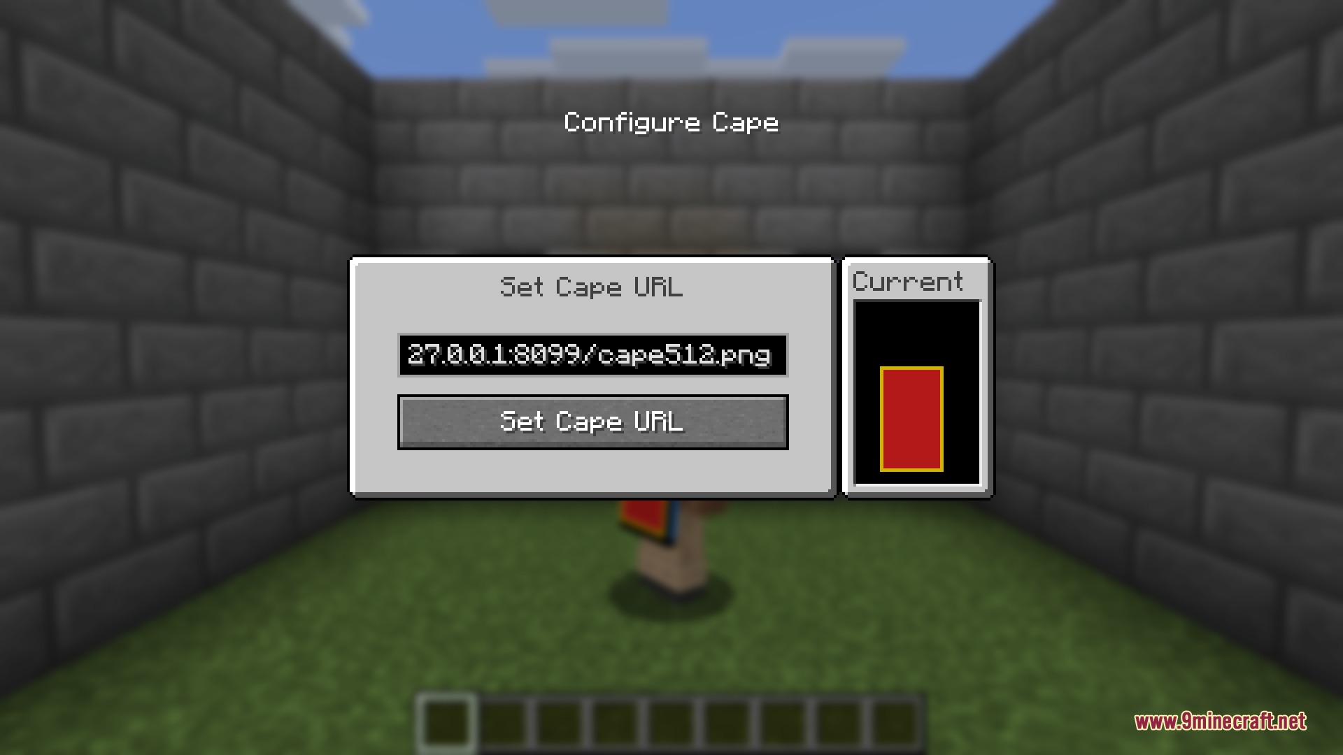 The Configure Cape screen, opened with the mod's keybind, where a PNG image URL is pasted and a live preview of the cape is shown on the right.