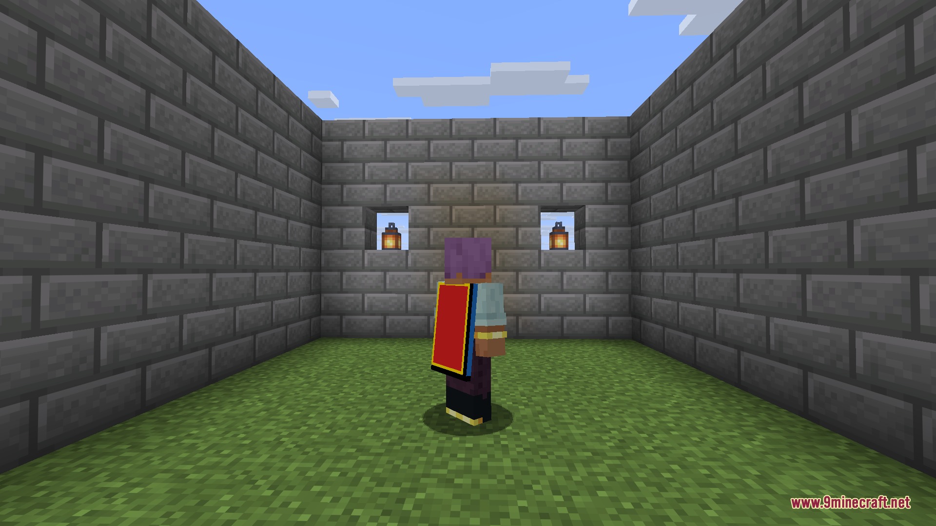 A bright red custom cape applied to the player - any image on the web can be turned into a cape.