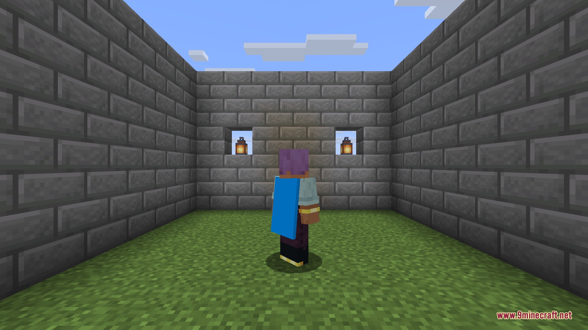 An animated cape in action - the mod plays tall multi-frame cape images as a looping animation.