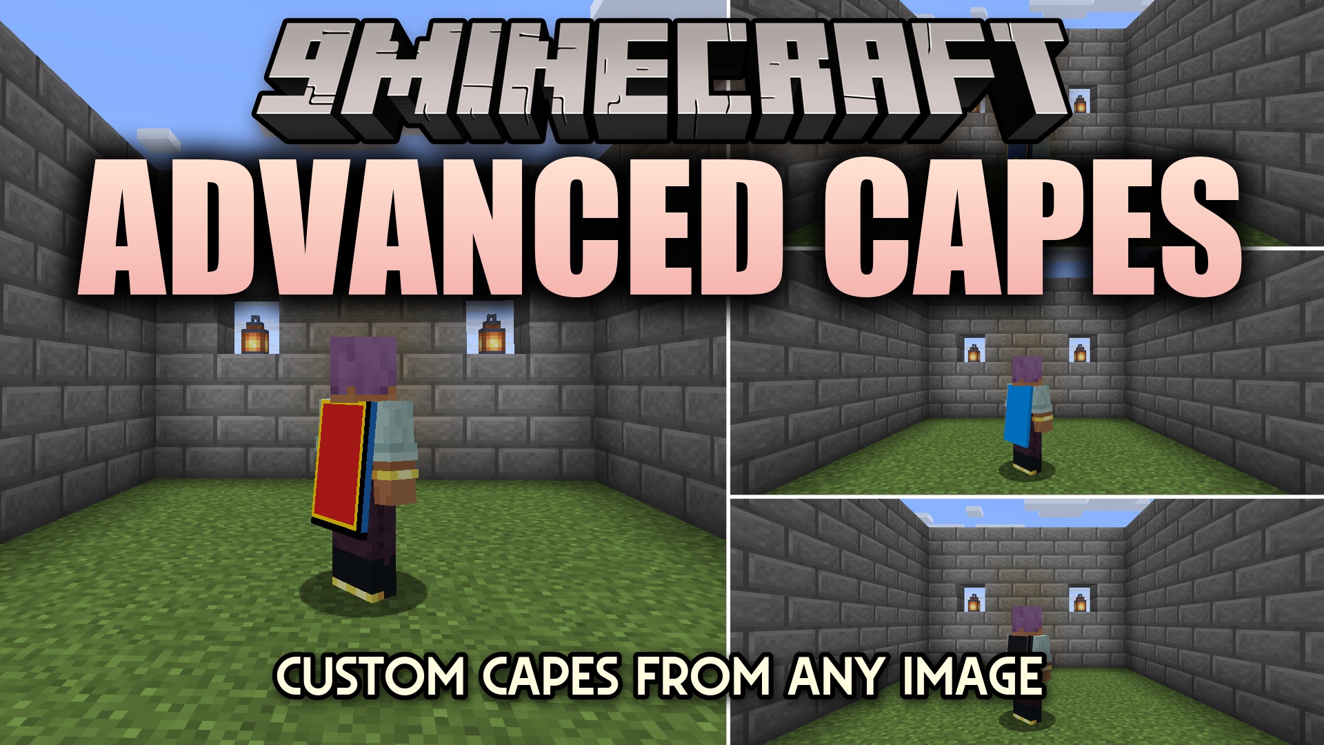 Advanced Capes lets you wear any image on the web as a custom cape - no upload or account needed. Open the Configure Cape screen with a keybind, paste a direct PNG image URL, and it becomes your cape in-game, drawn in third-person on the cloak slot so it also shows through an elytra. You can also set your cape with a chat command. Capes are synced between players, so everyone with the mod sees them, and tall multi-frame images play as animated capes.