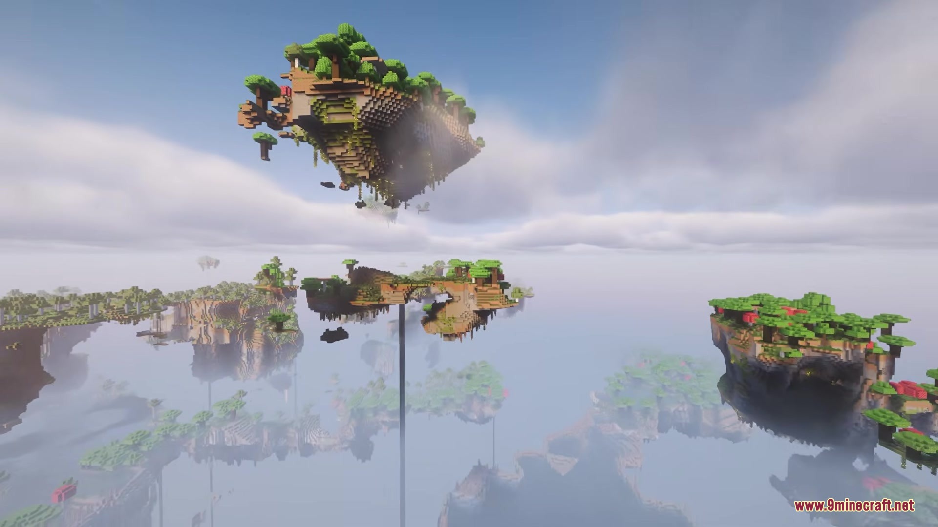 Aero Islands for Create Aeronautics Mod Screenshot 1 Lush green floating islands suspended in a vast sky filled with soft clouds