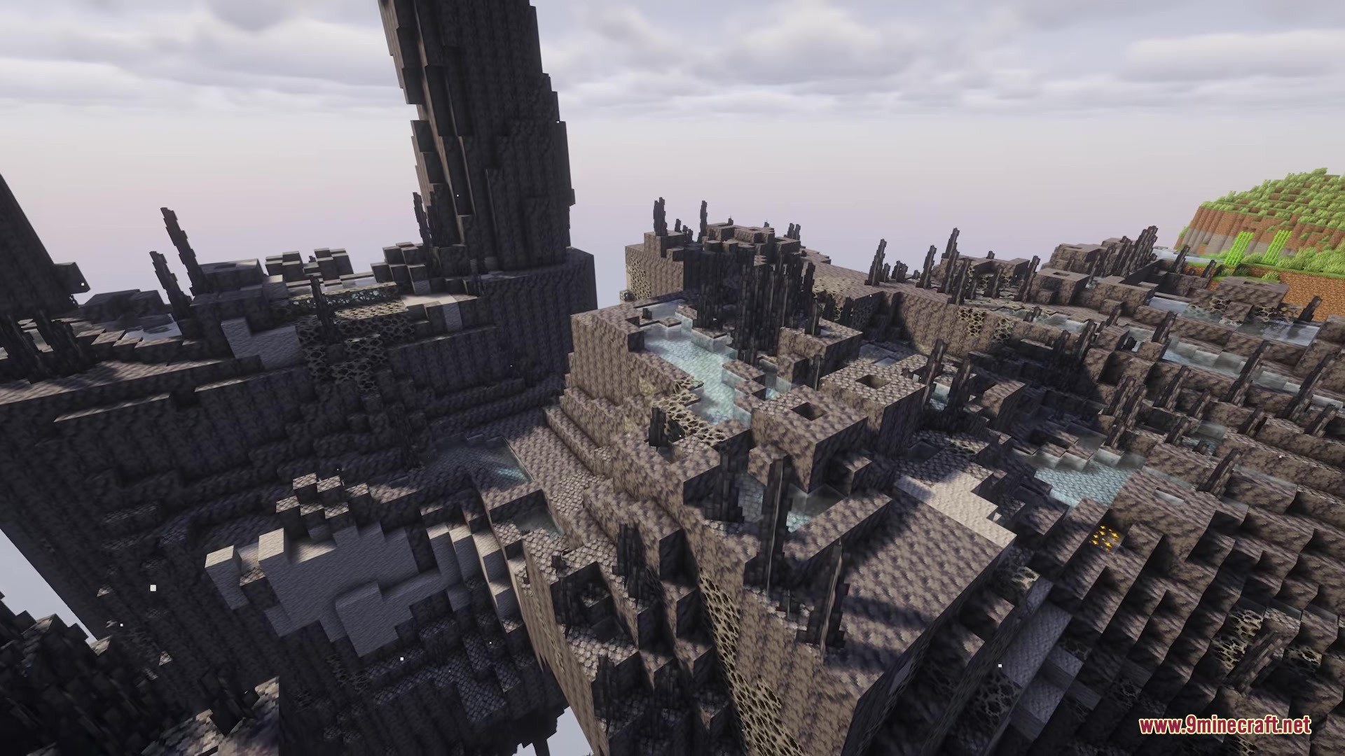 Aero Islands for Create Aeronautics Mod Screenshot 2 Dark jagged rock formations and shallow pools in a mysterious void biome