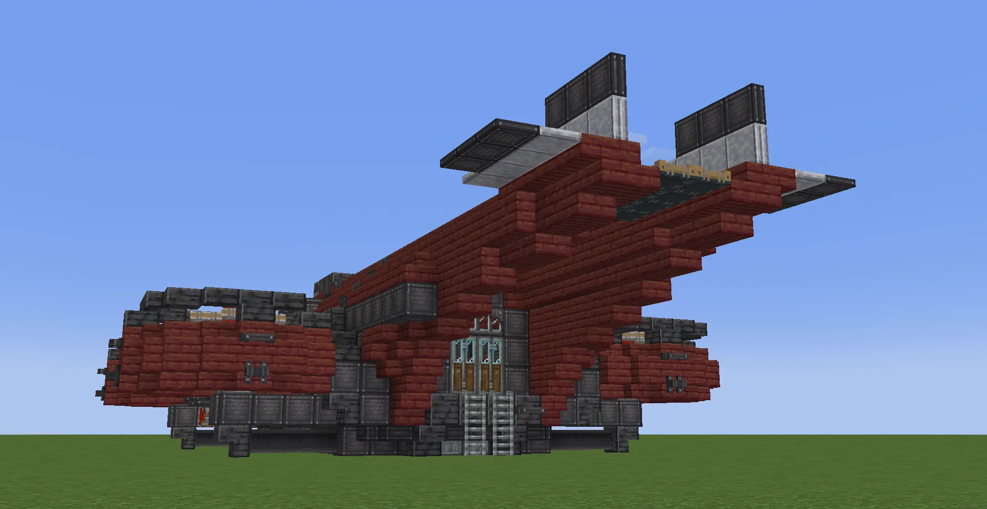 Aero Nuva Base Version Schematic Screenshots 1 Rear view of the red airship showing tail fins and side ladders
