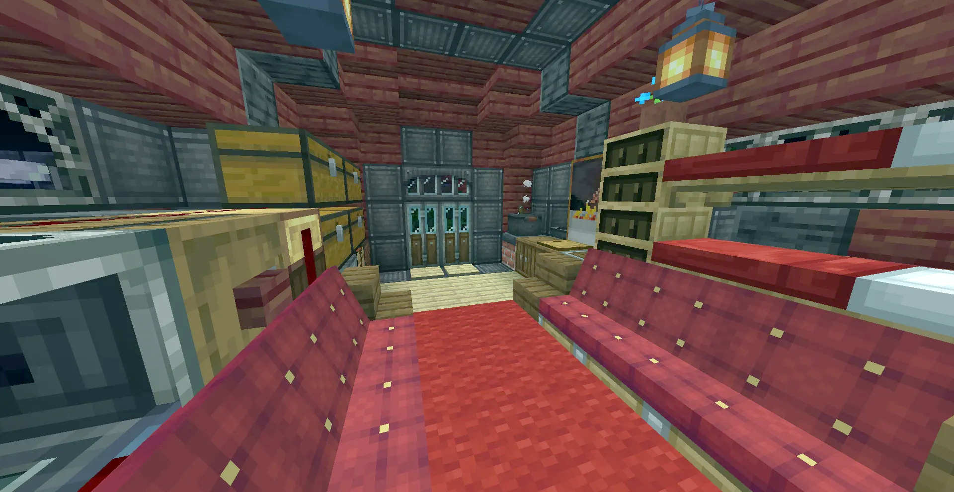 Aero Nuva Schematic Screenshots 4 Cozy interior of a Minecraft helicopter featuring red benches and storage chests