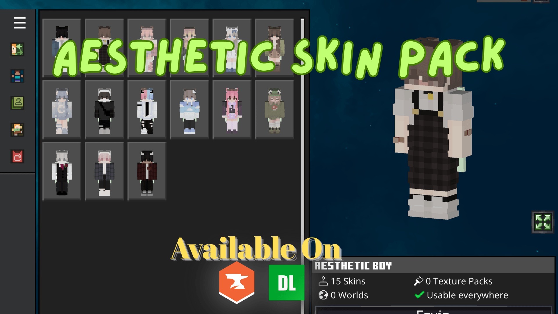 Aesthetic Collection Skin Pack Screenshot 1 Aesthetic Collection Skin Pack menu showing fifteen unique character skins for players