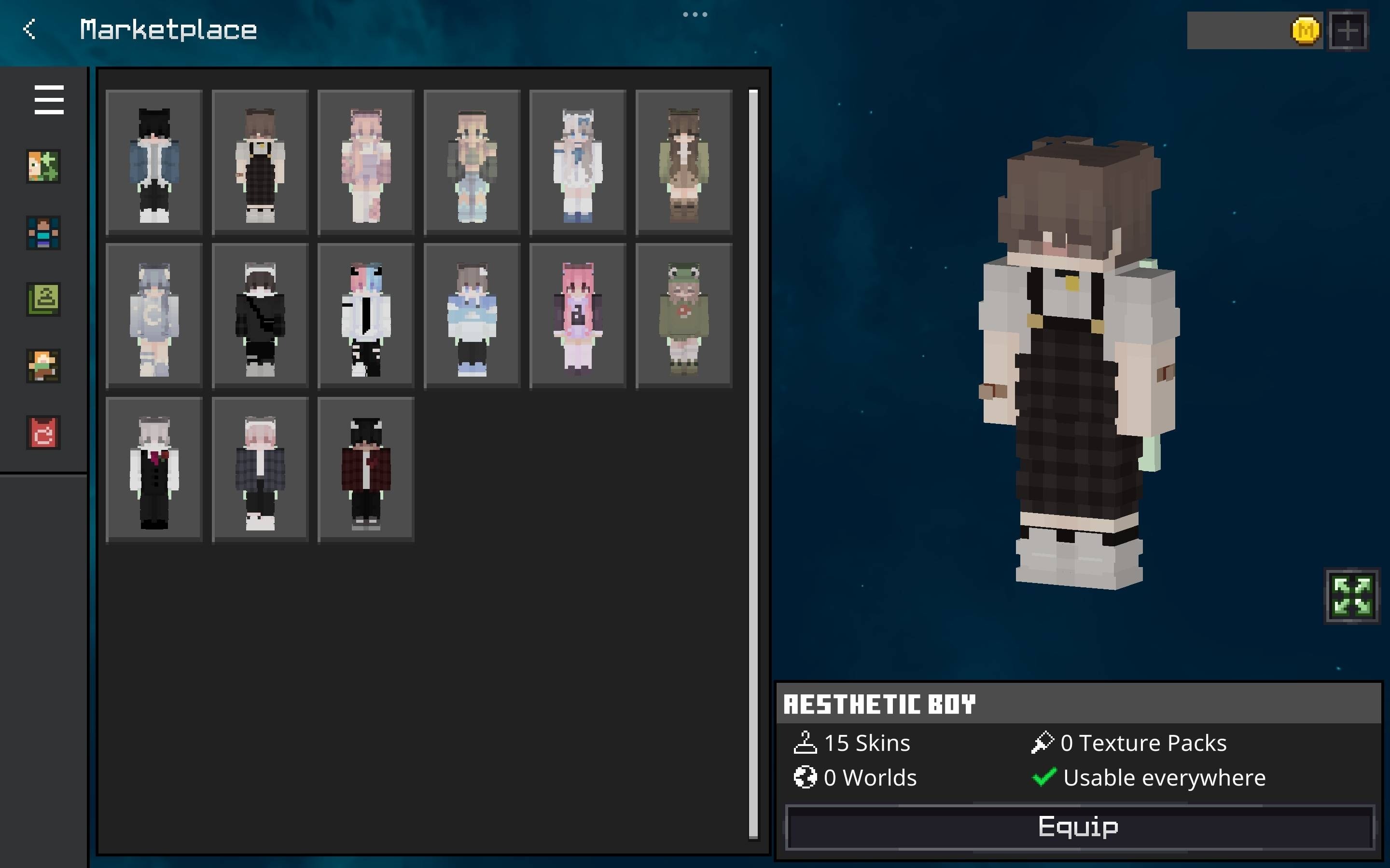 Aesthetic Collection Skin Pack Screenshot 2 Marketplace interface displaying fifteen skins with a preview of a boy character