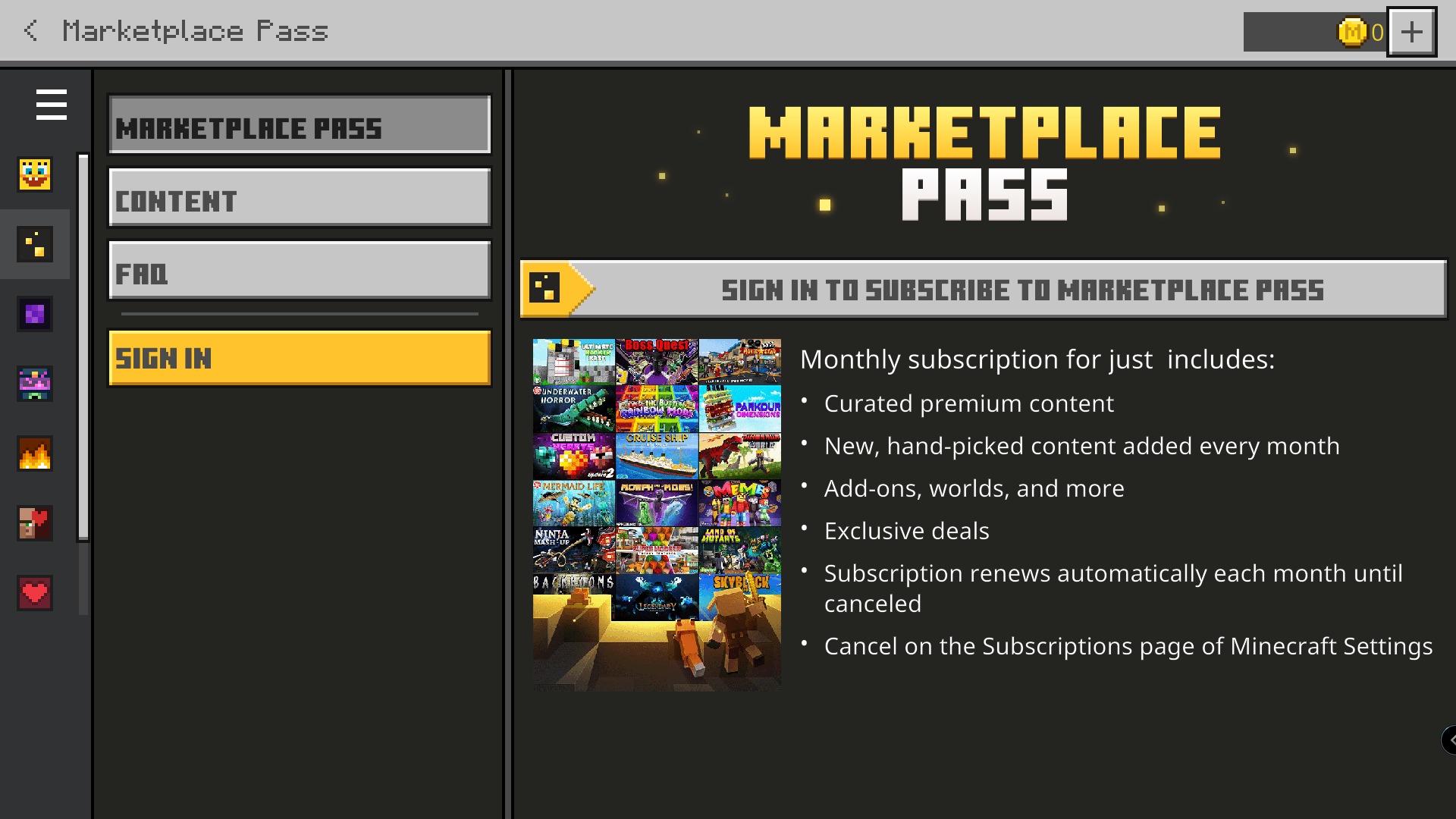 Aesthetic Collection Skin Pack Screenshot 5 Marketplace Pass interface displaying subscription details and a sign in button for players