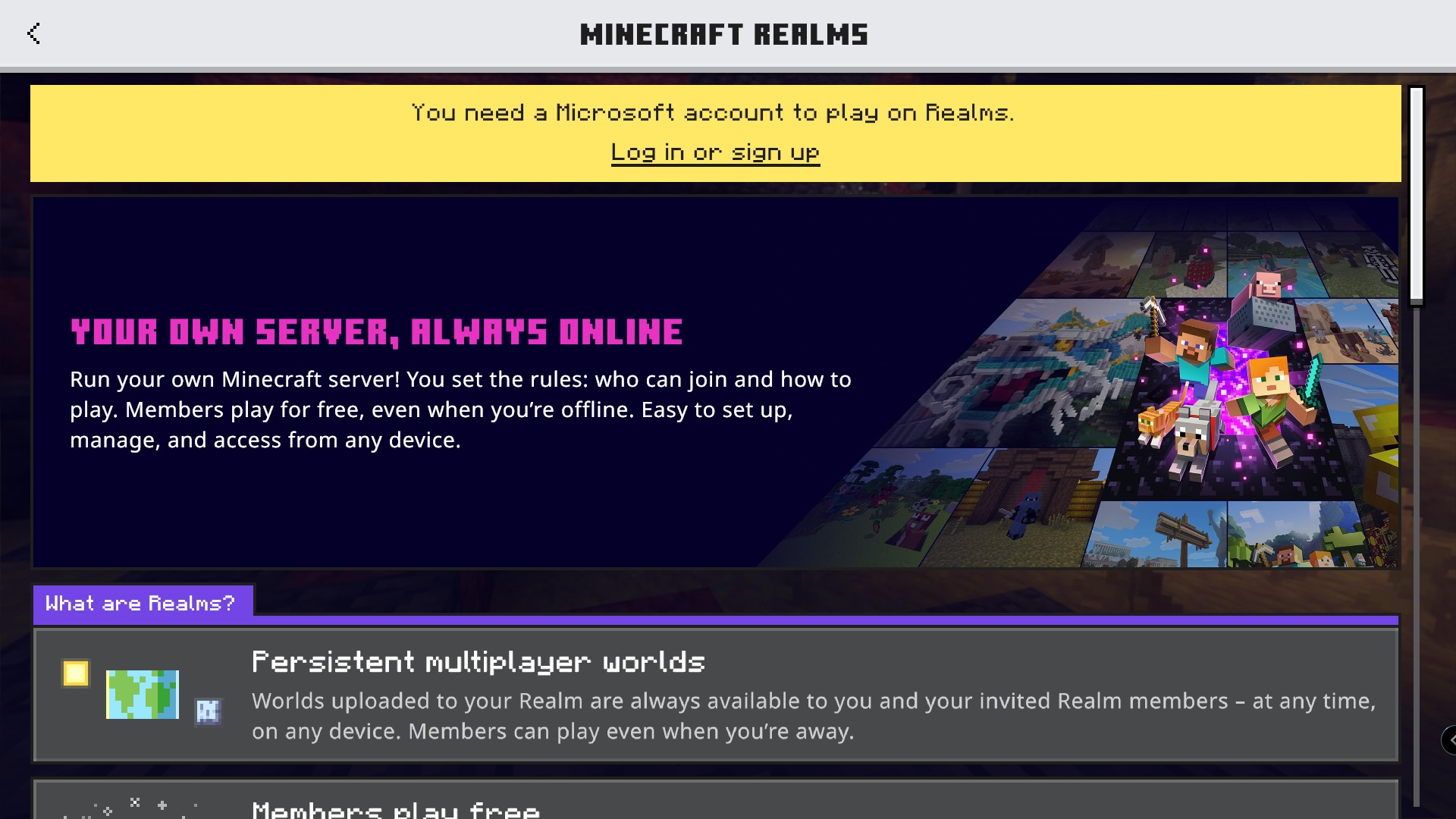 Aesthetic Collection Skin Pack Screenshot 6 Minecraft Realms menu page explaining server features and requiring a Microsoft account login