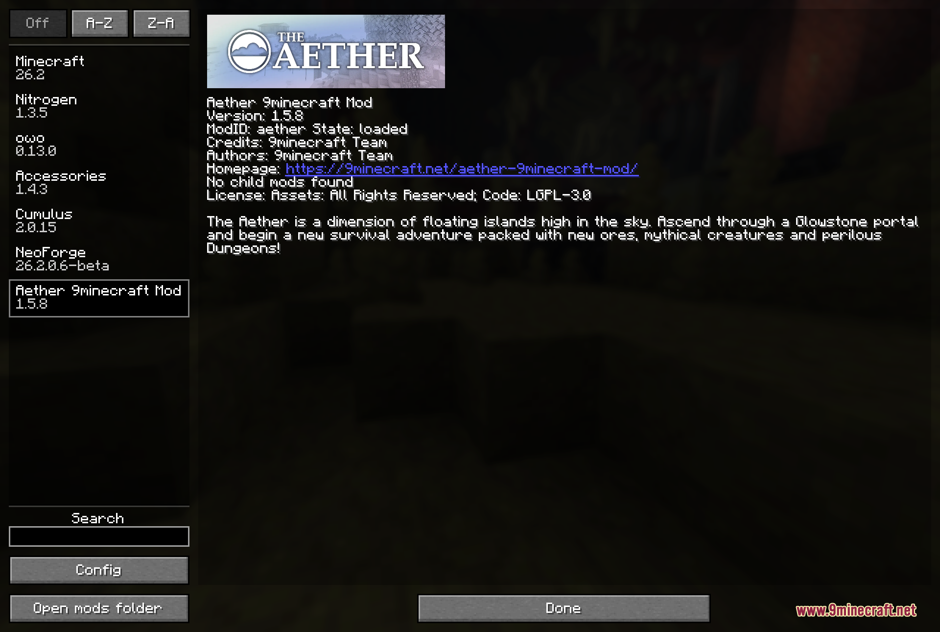 The mod's entry in the in-game mods list, shown loaded alongside its required library mods Nitrogen, owo, Accessories, and Cumulus, with a clickable homepage link and the description of the floating-island Heaven dimension it adds