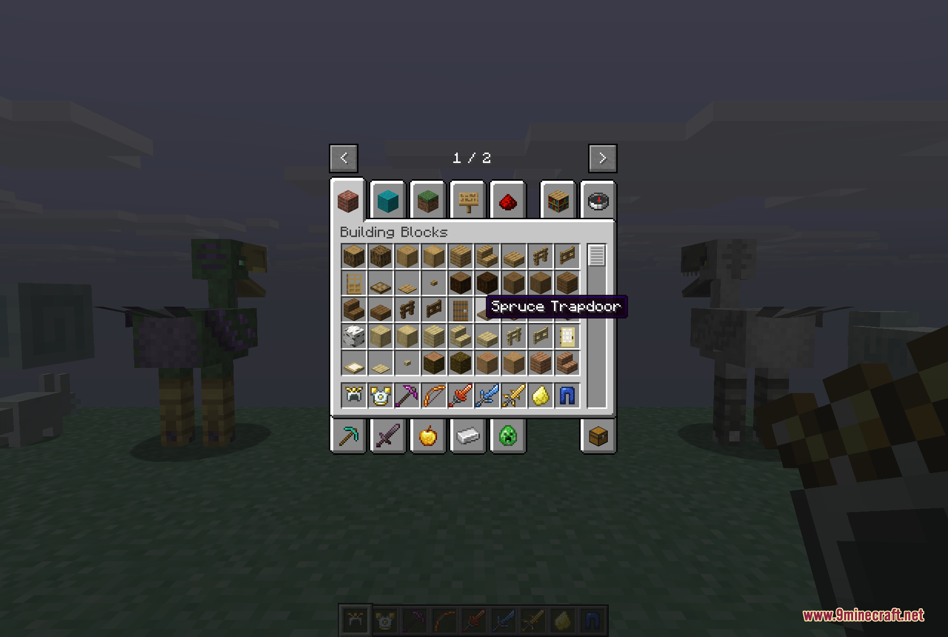 The creative inventory open on the Skyroot building-block set, with Aether tools, armor, wings and a spawn egg on the bottom row and Moa mounts standing in the world behind