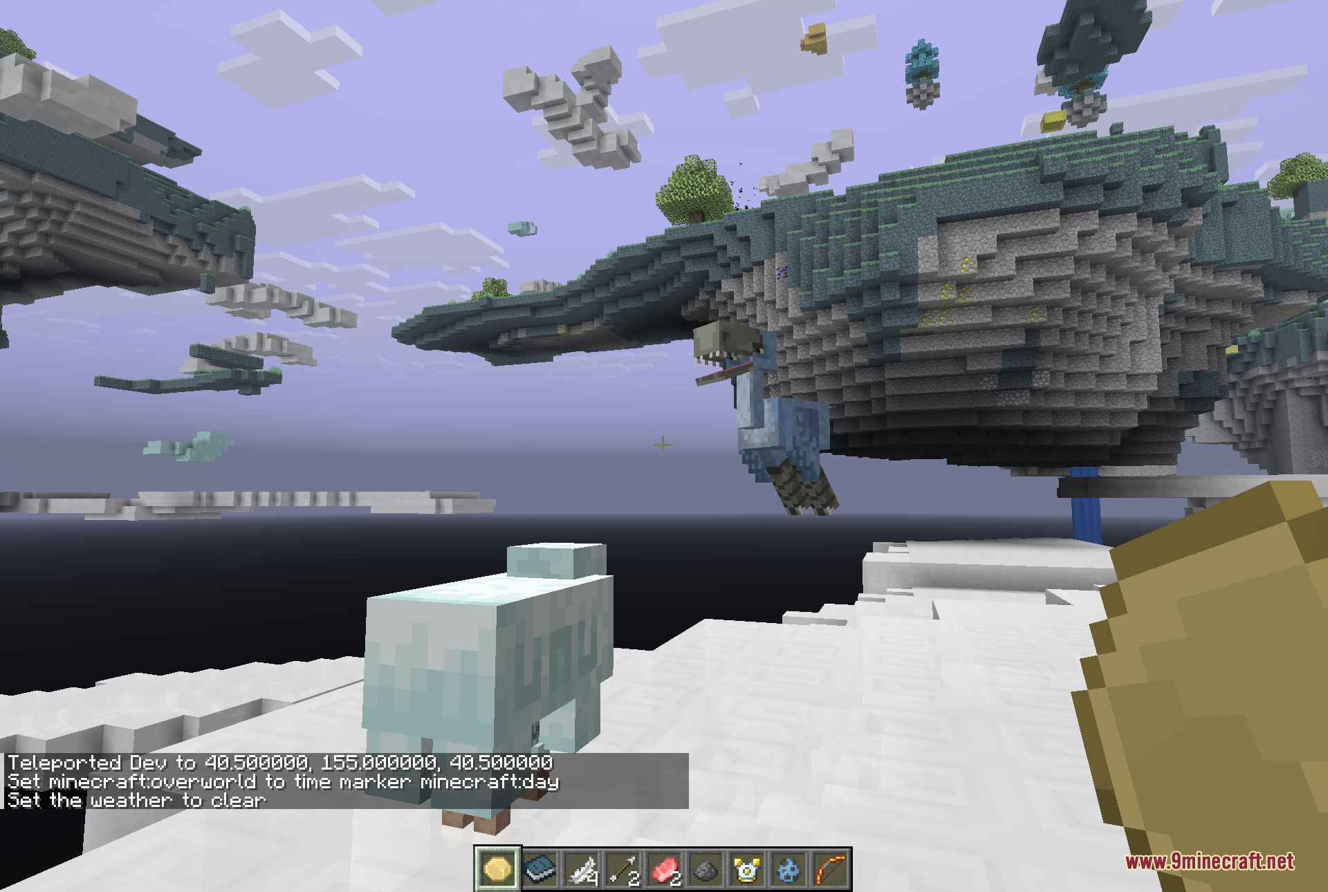 A view across the Heaven dimension, with large green-and-grey floating islands hanging under a pale blue sky, a flying Aerwhale drifting beside one island, and a small fluffy white Aerbunny standing on the pale Aercloud terrain