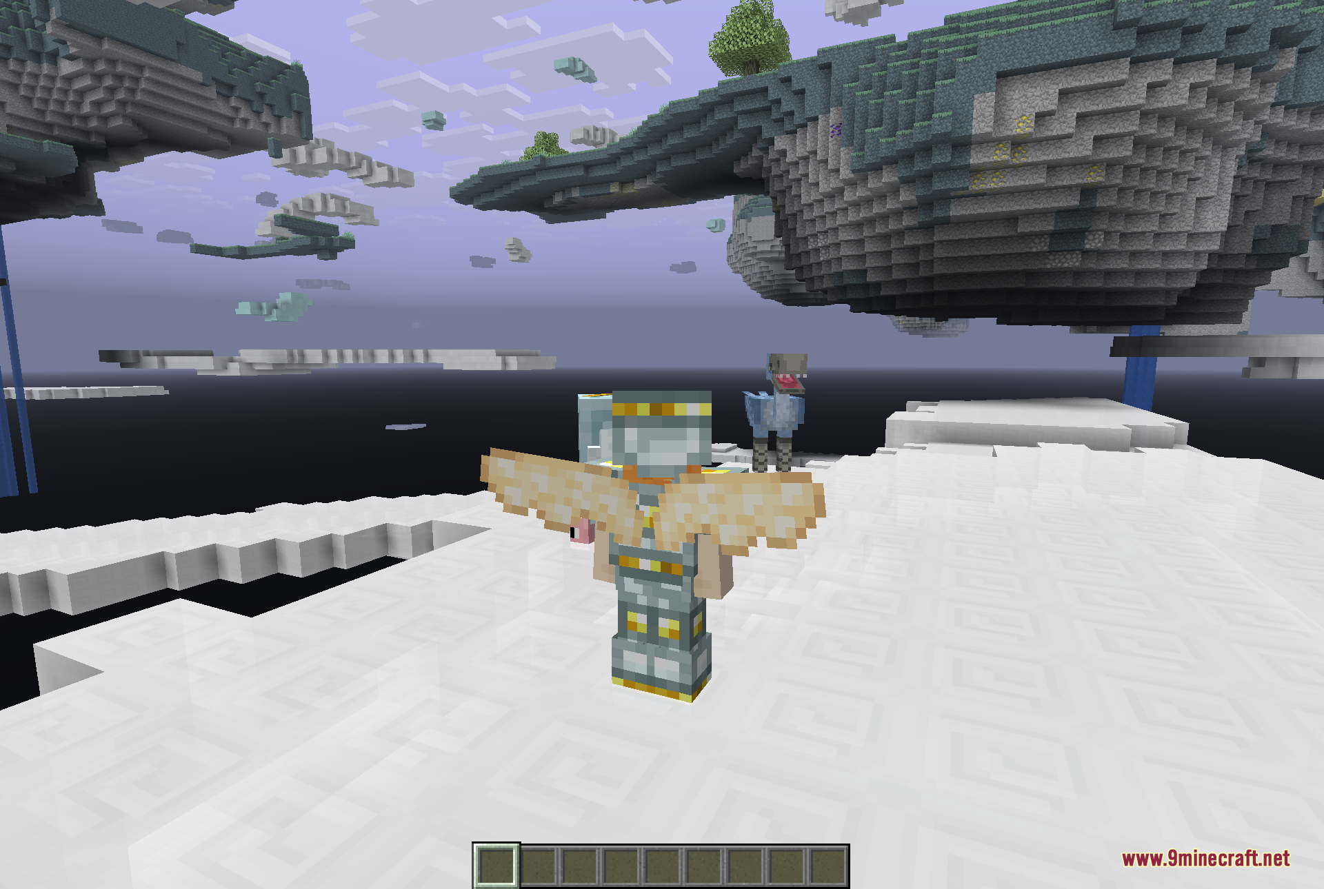 The player wearing golden Valkyrie-style armor with wings spread, standing on white cloud terrain near a floating island, while a Moa bird waits in the background