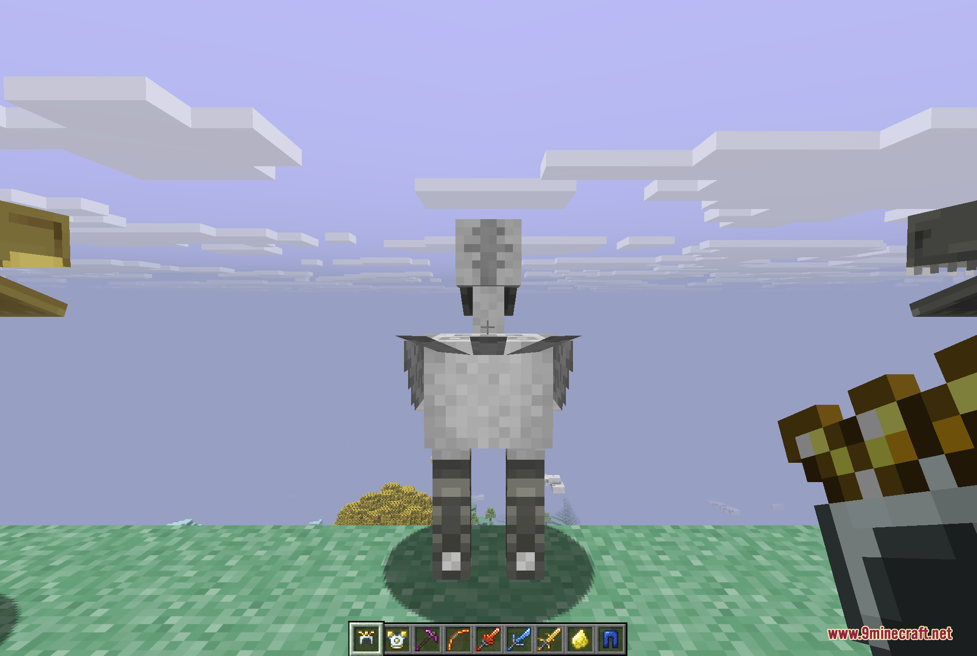 A close-up of a single white Moa standing on grass beneath the floating clouds of the dimension