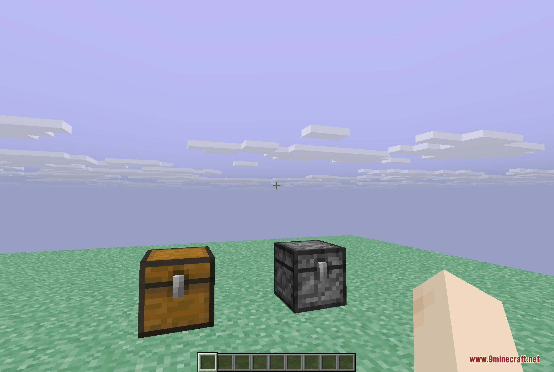 A Skyroot wooden chest and a darker Holystone chest placed side by side on grass